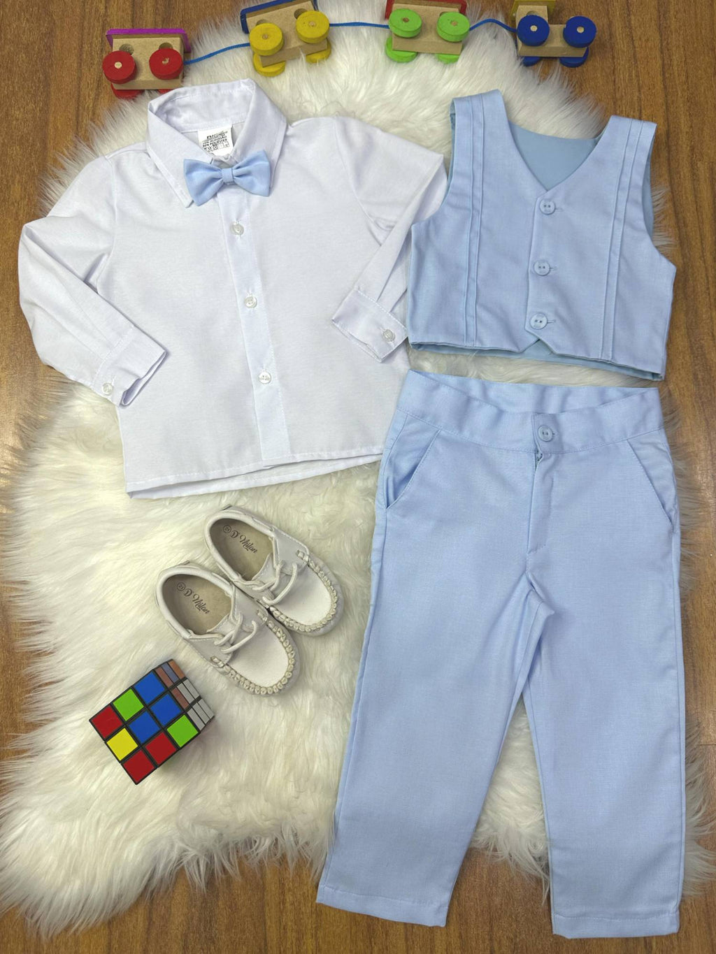 Conjunto Social Pajem Camisa Branca Calça e Colete Azul Claro