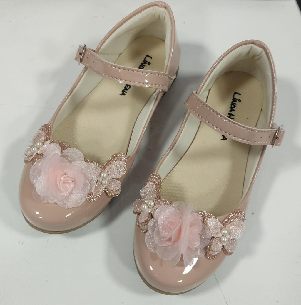 Sapatinho Infantil Verniz Nude com Aplique de Borboletas e Flores Rosa