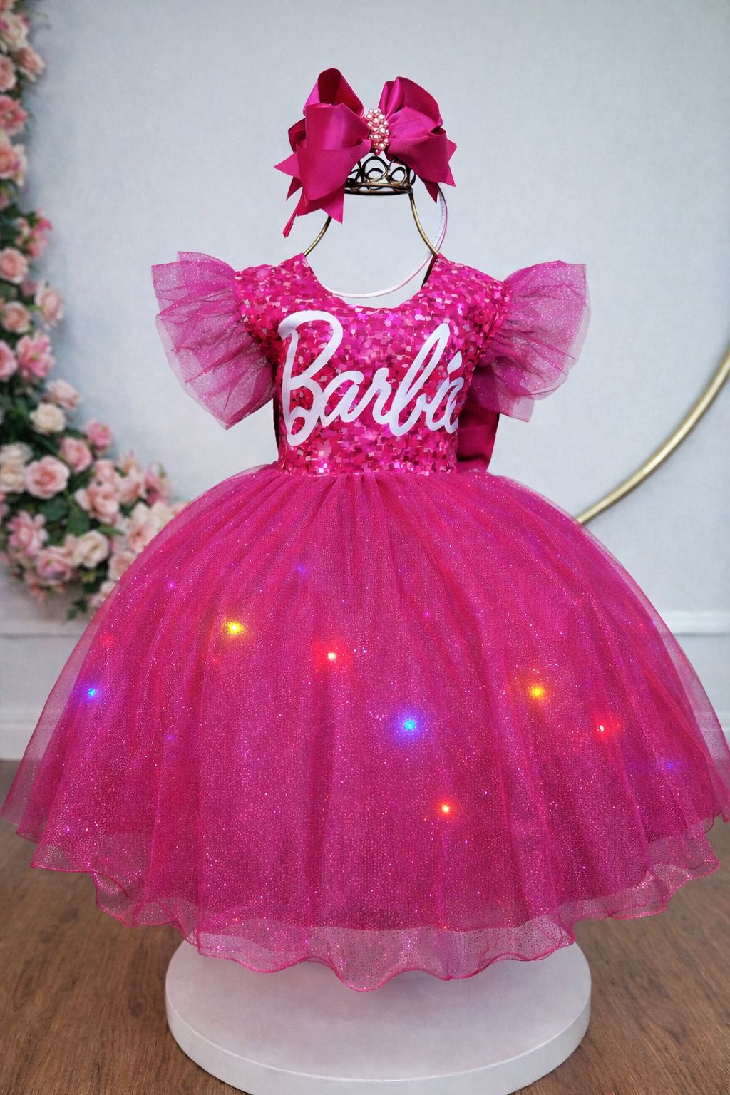 Vestido infantil da Barbie Pink Saia Com Leds Festas