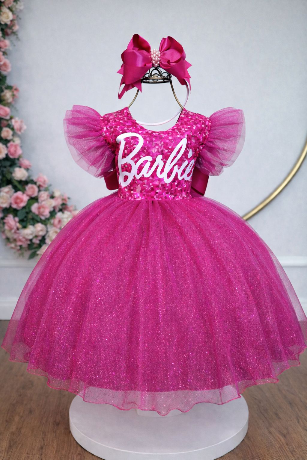 Vestido infantil da Barbie Pink Saia Com Leds Festas