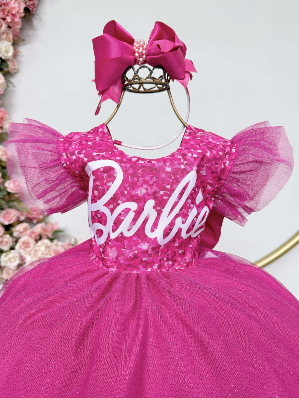 Vestido infantil da Barbie Pink Saia Com Leds Festas