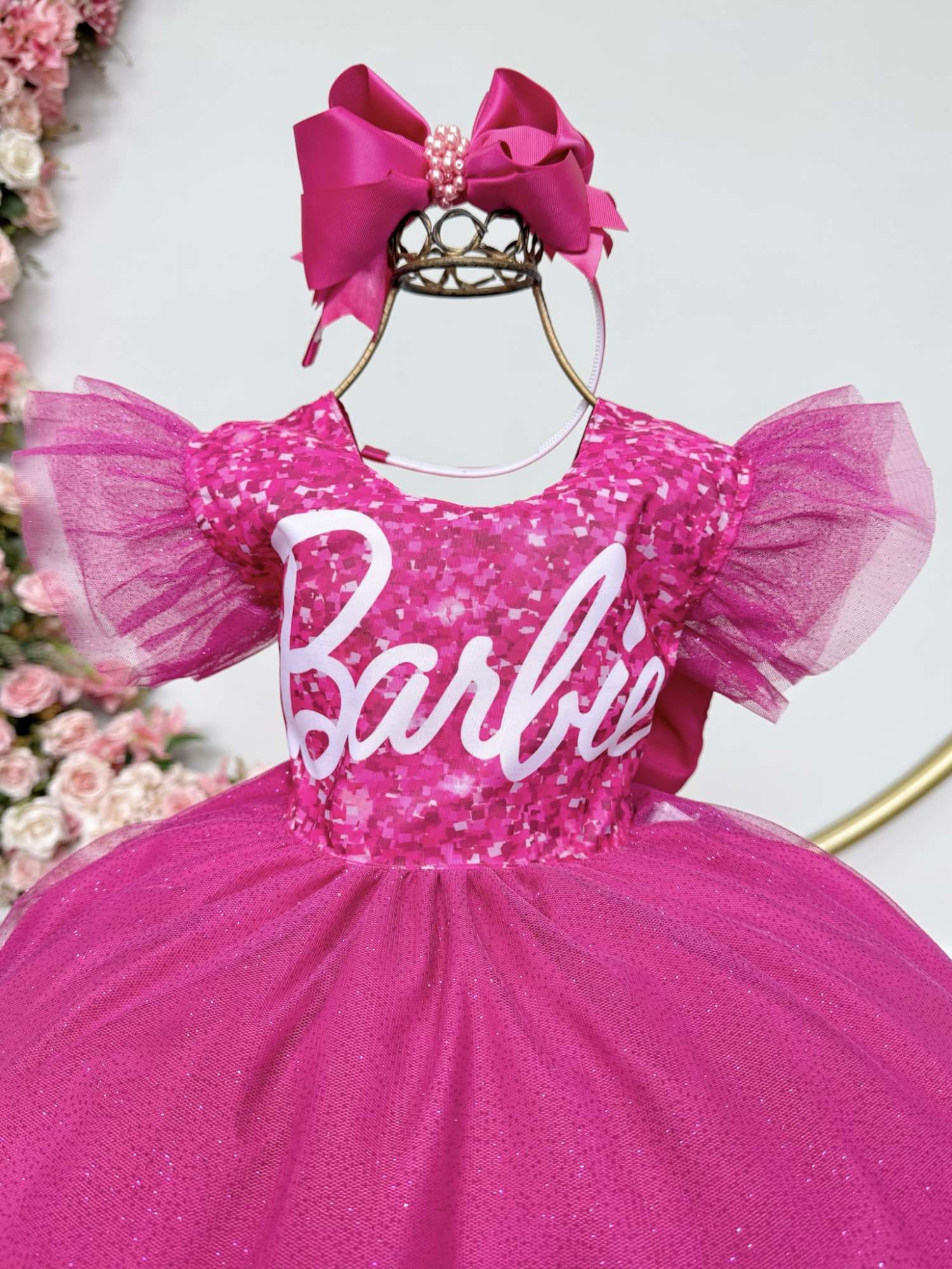 Vestido infantil da Barbie Pink Saia Com Leds Festas