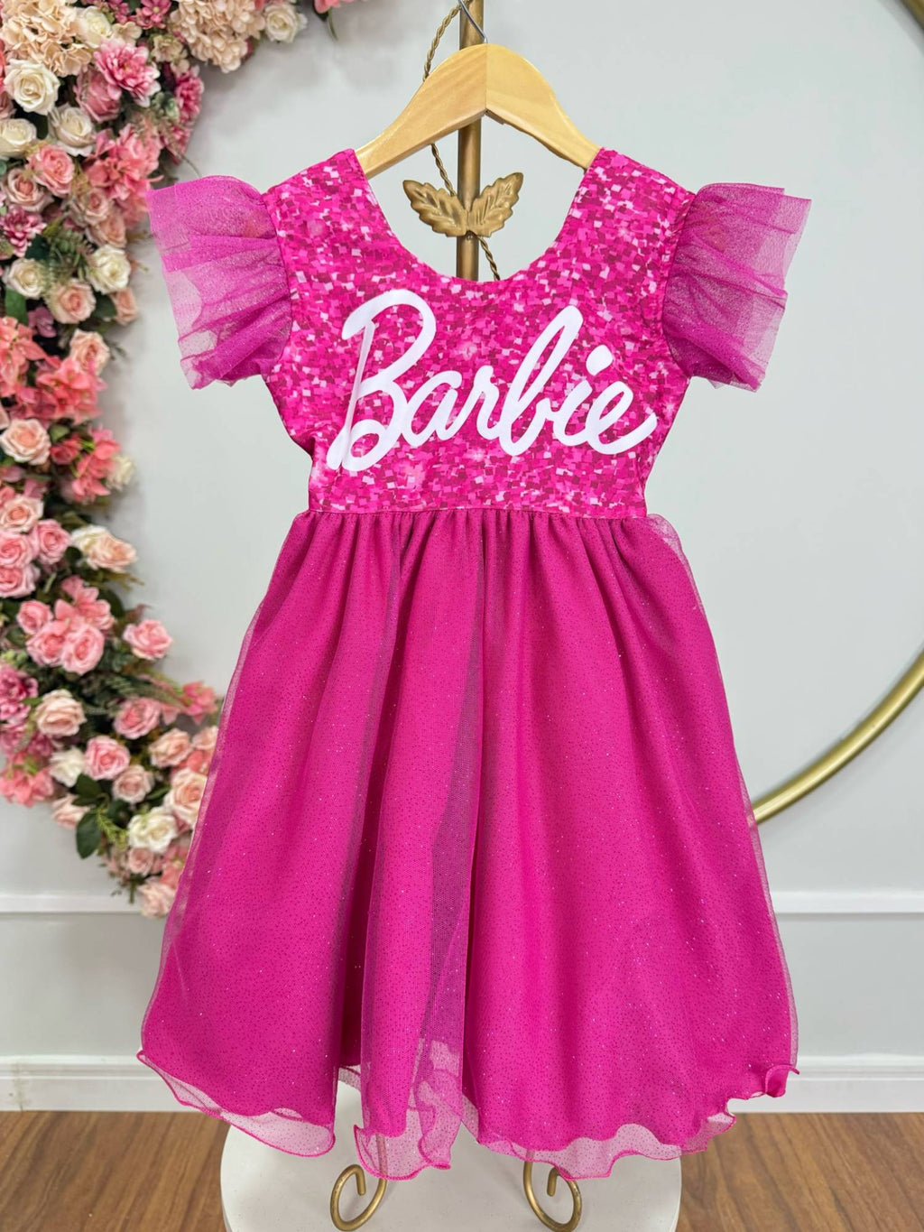 Vestido infantil da Barbie Pink Saia Com Leds Festas