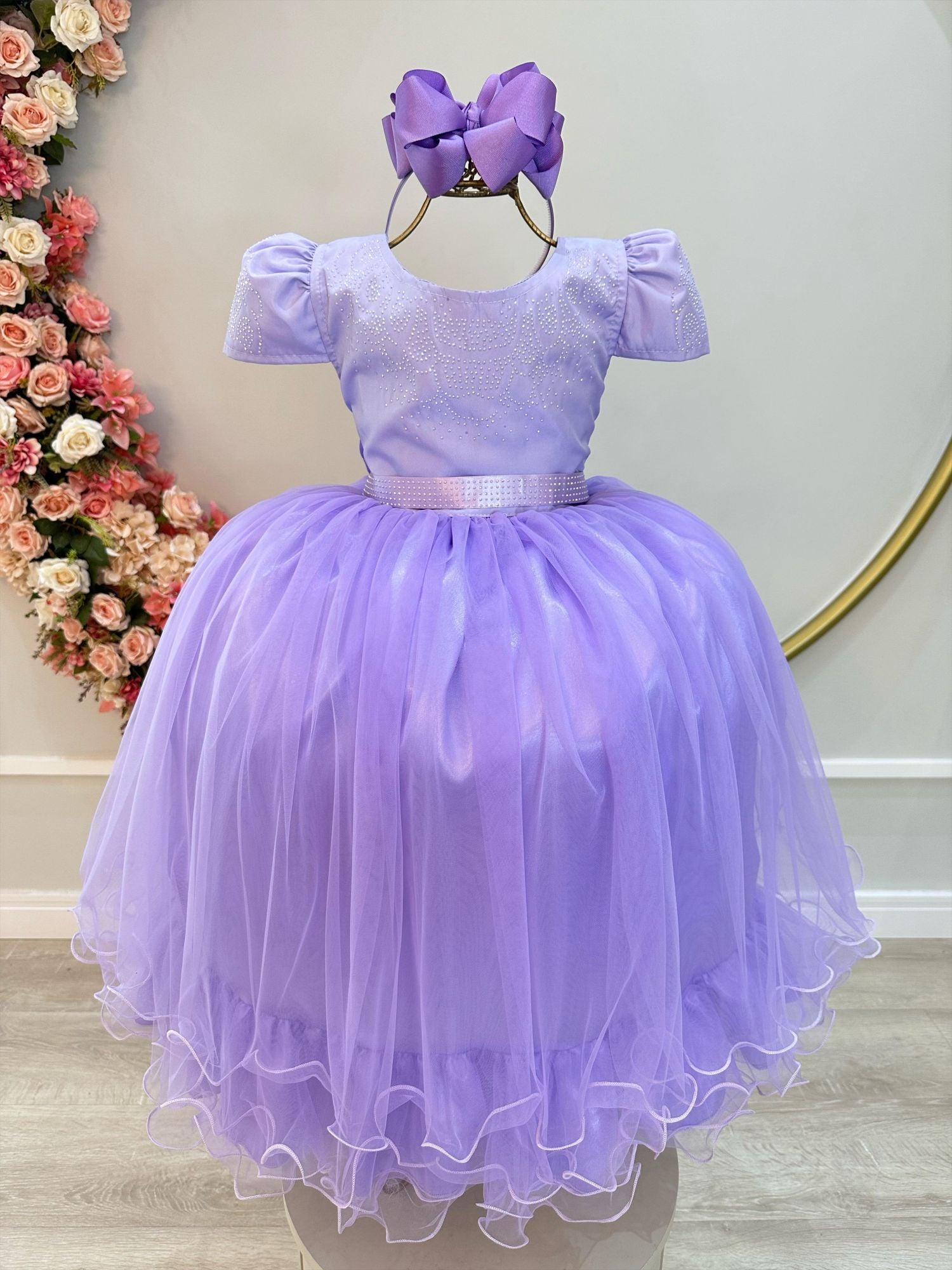 Vestido Infantil Lilás com Strass para Casamentos e Festas Luxuosas