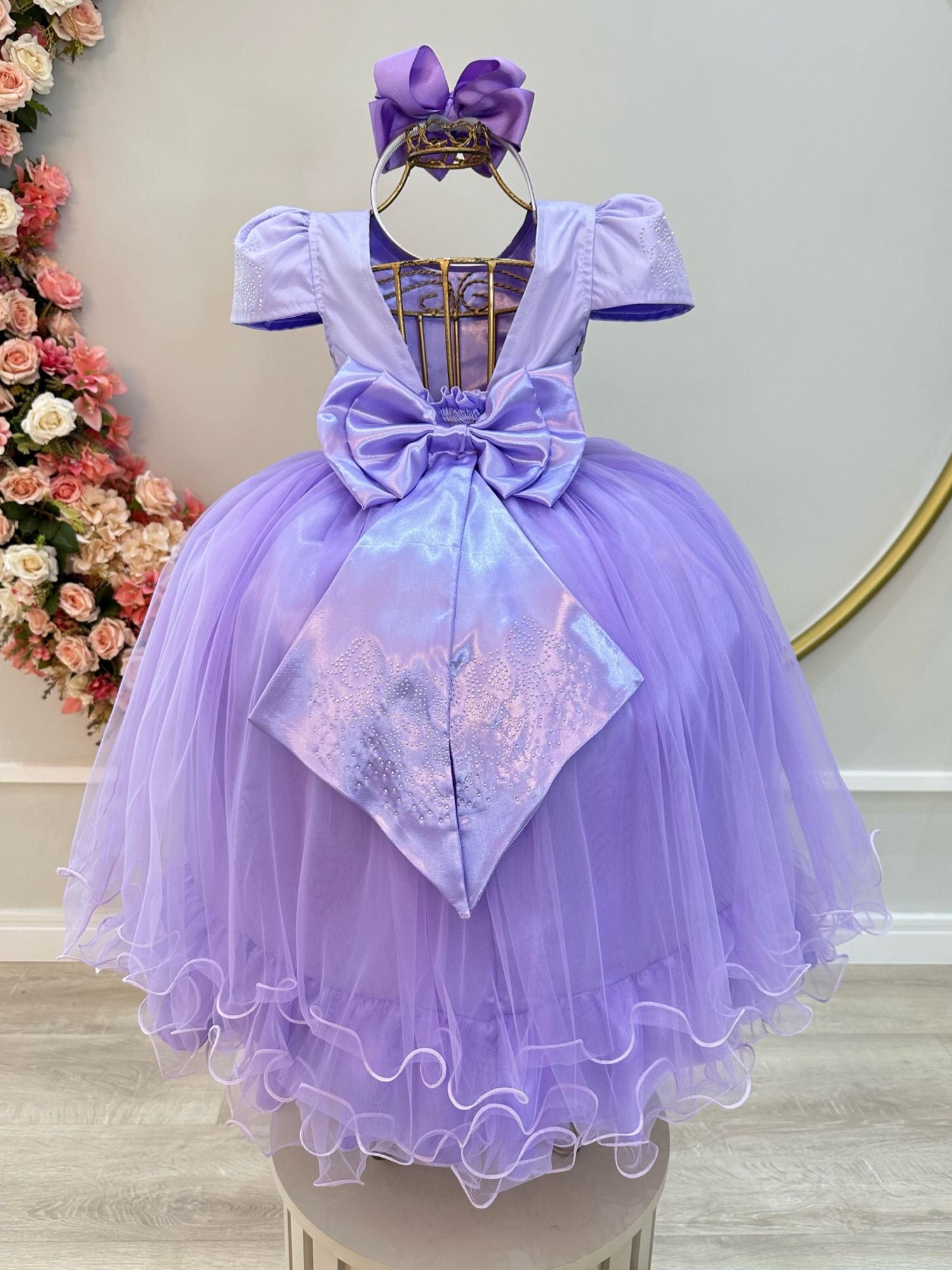 Vestido Infantil Lilás com Strass para Casamentos e Festas Luxuosas