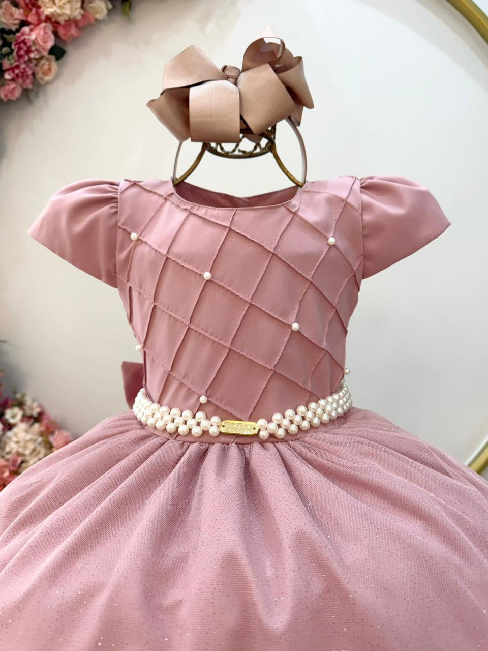 Vestido Longo Infantil Rose com Busto Nervurado para Festas e Daminhas