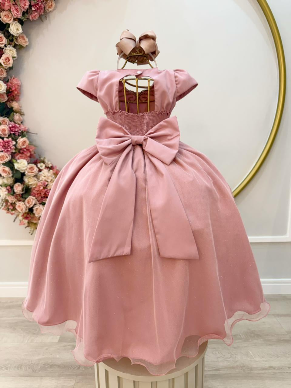 Vestido Longo Infantil Rose com Busto Nervurado para Festas e Daminhas