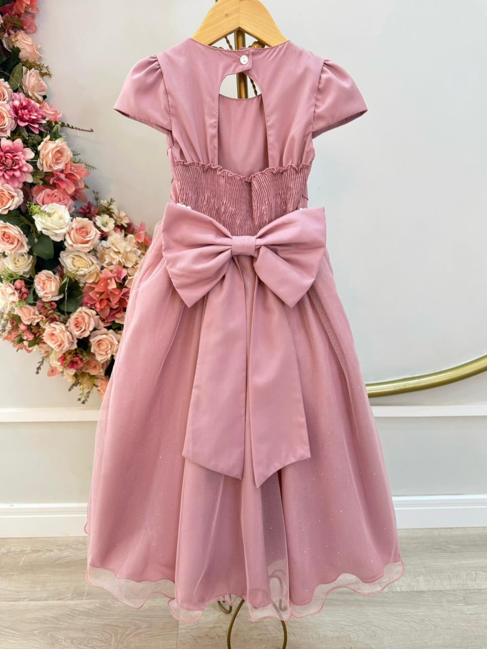 Vestido Longo Infantil Rose com Busto Nervurado para Festas e Daminhas
