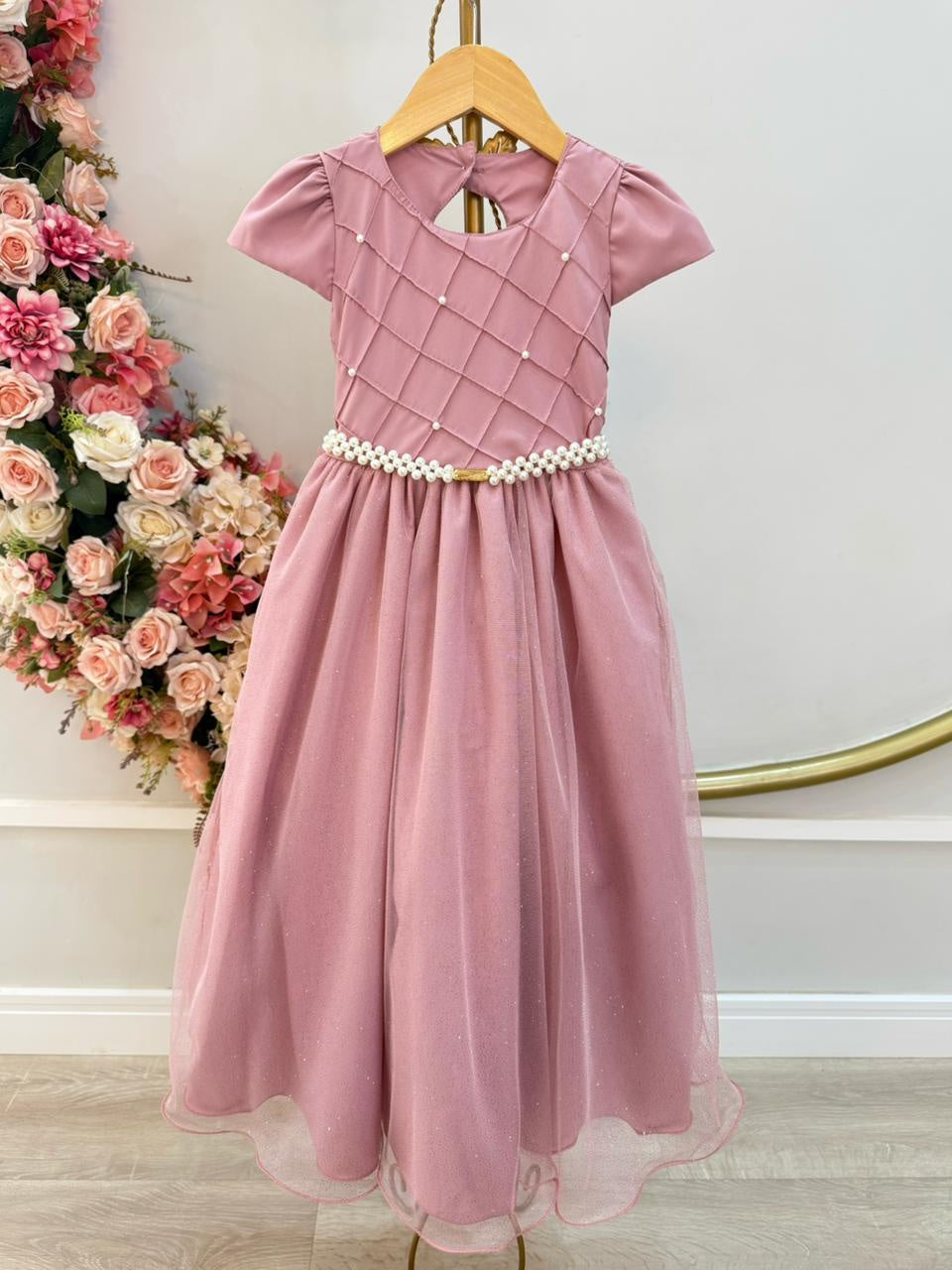 Vestido Longo Infantil Rose com Busto Nervurado para Festas e Daminhas