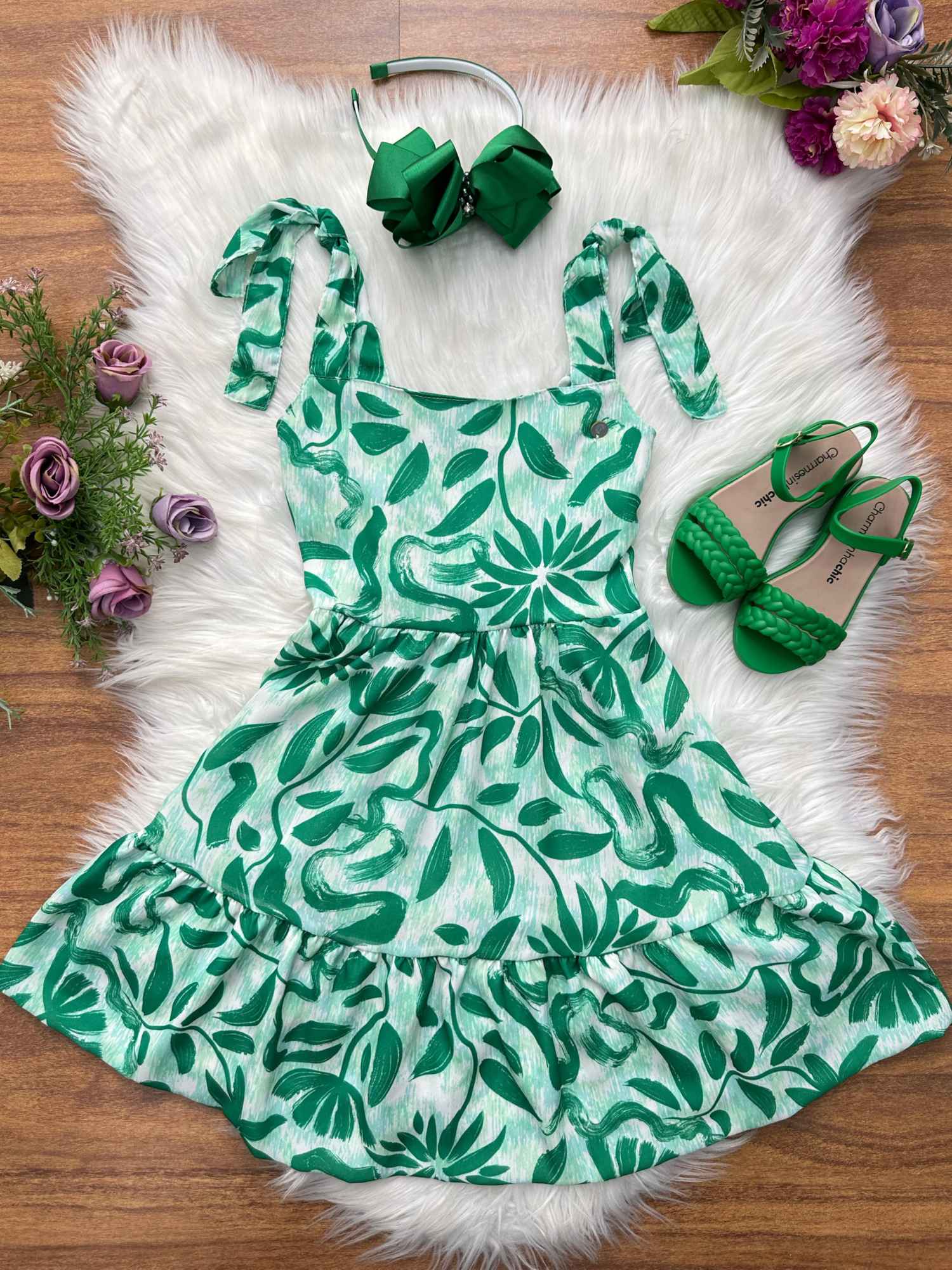 Vestido Infantil Verde Florido para Festas Primavera Verão