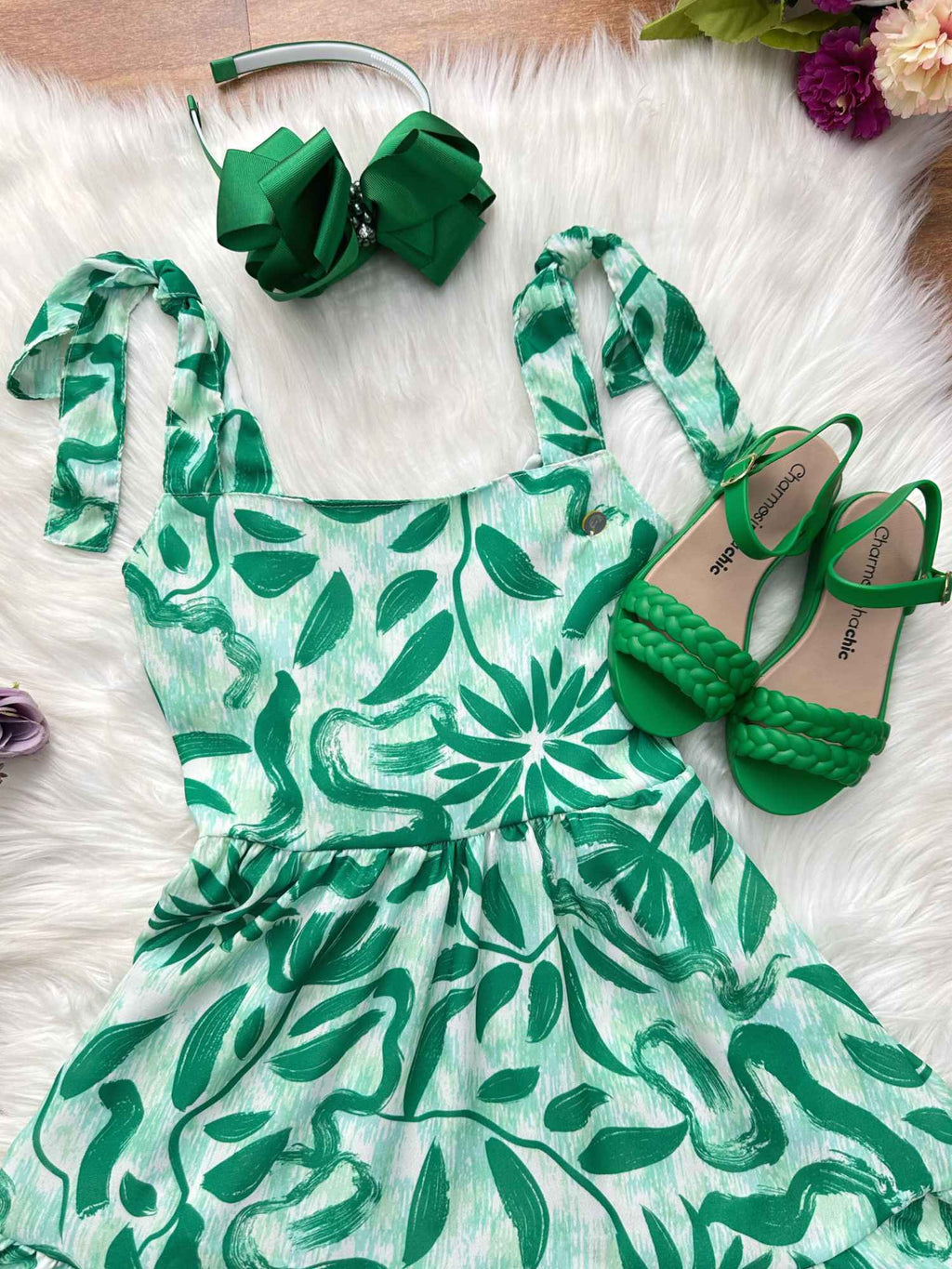 Vestido Infantil Verde Florido para Festas Primavera Verão