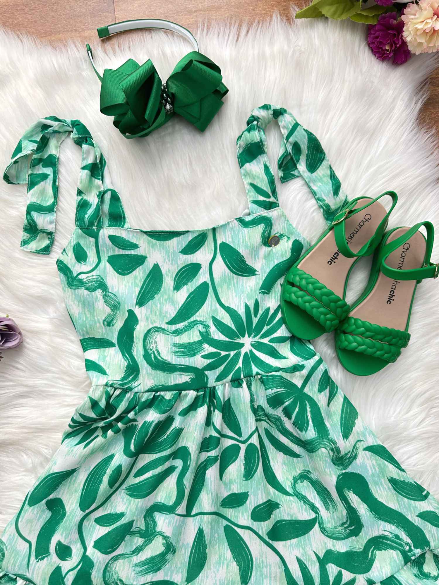 Vestido Infantil Verde Florido para Festas Primavera Verão