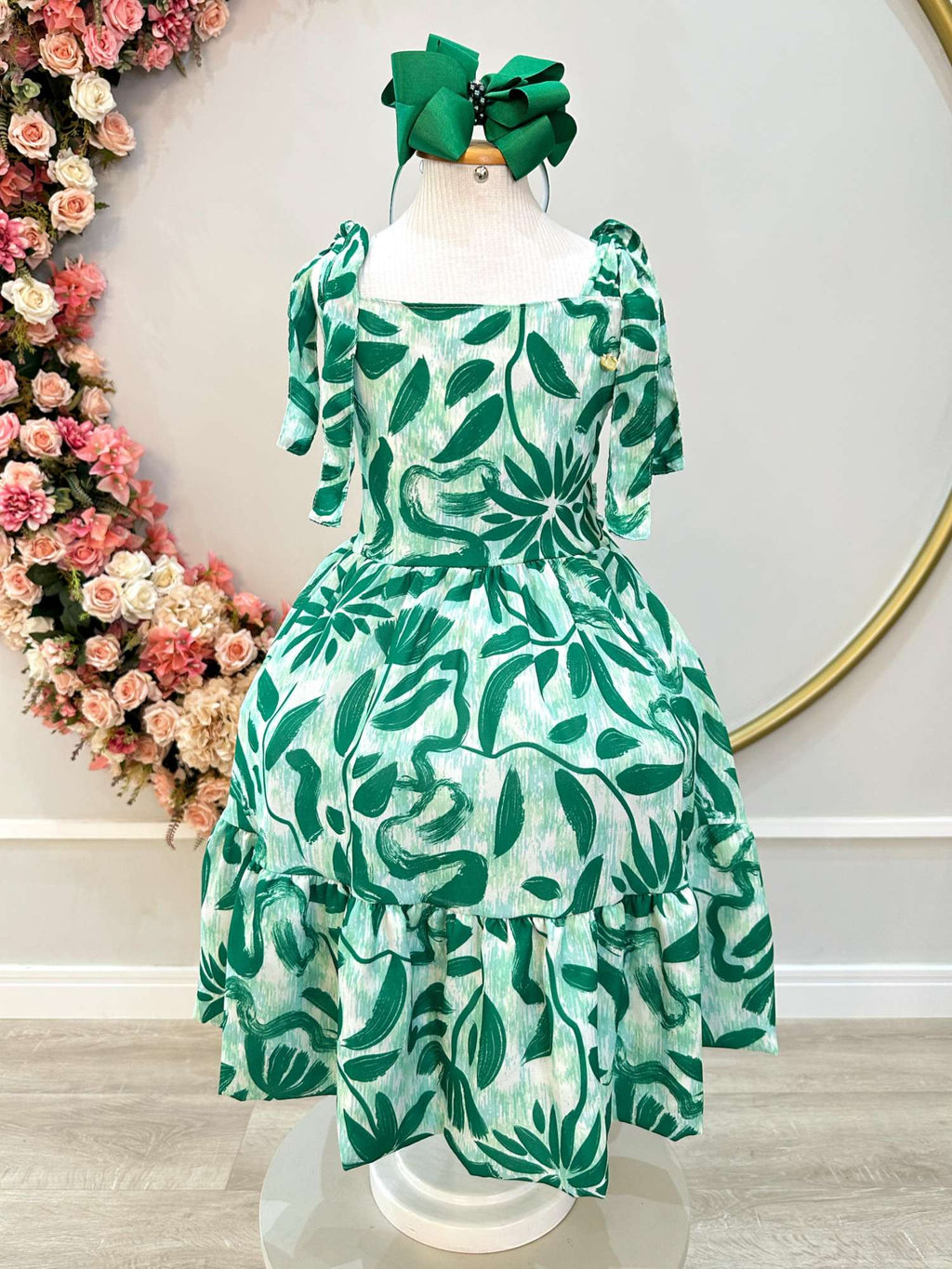 Vestido Infantil Verde Florido para Festas Primavera Verão