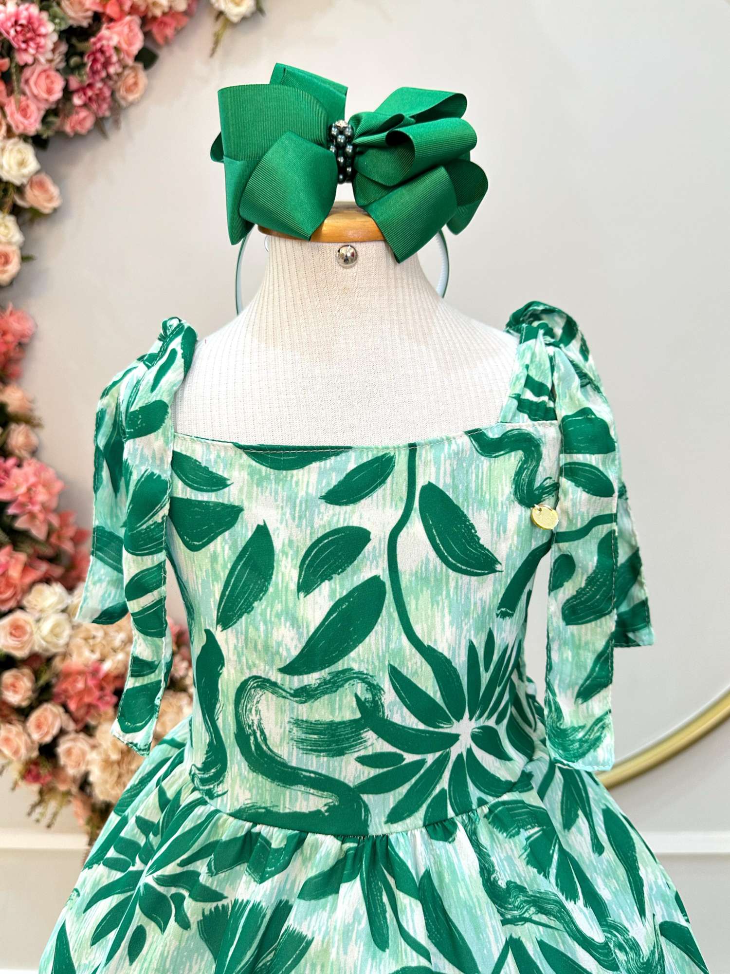 Vestido Infantil Verde Florido para Festas Primavera Verão