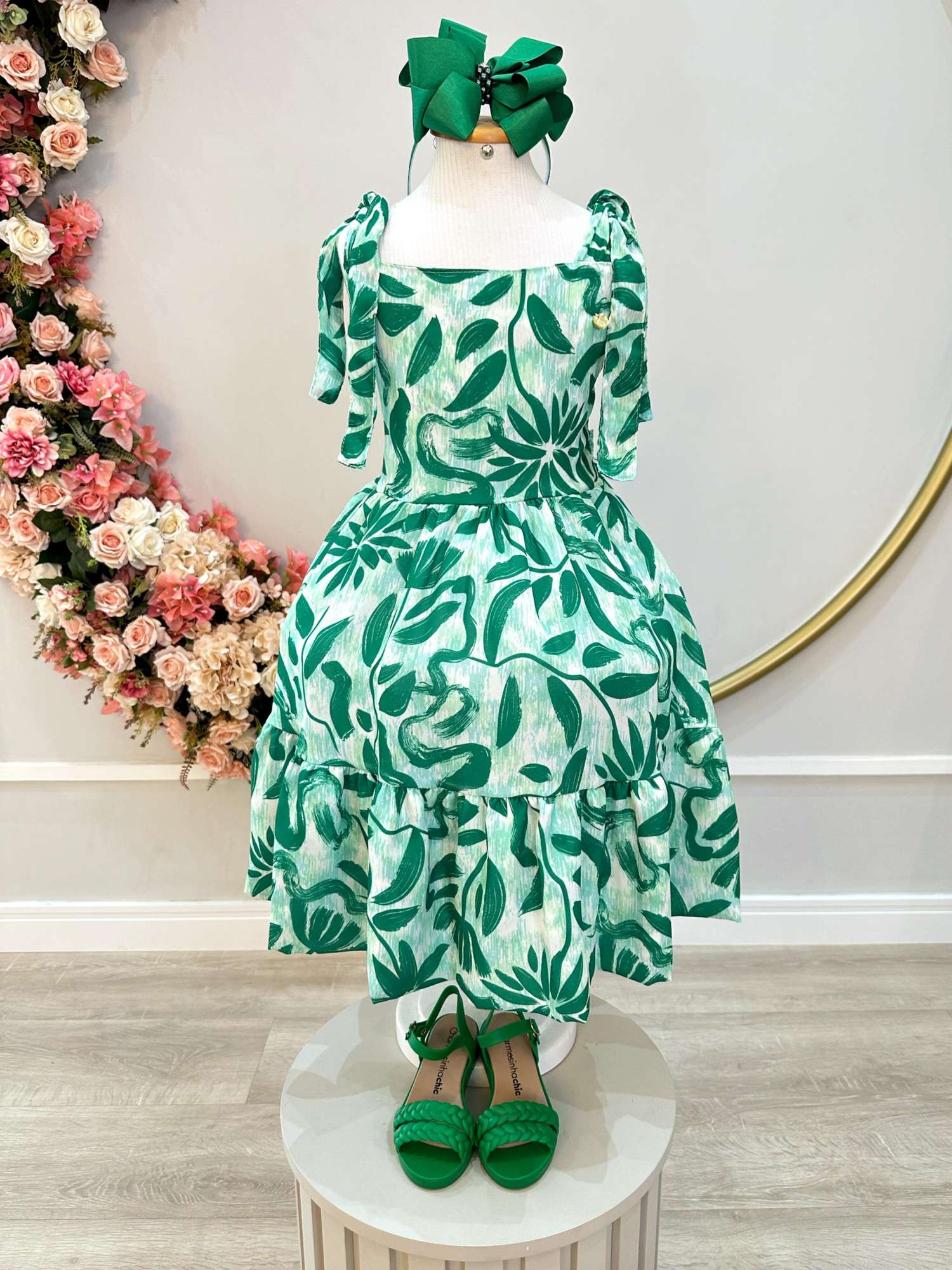 Vestido Infantil Verde Florido para Festas Primavera Verão