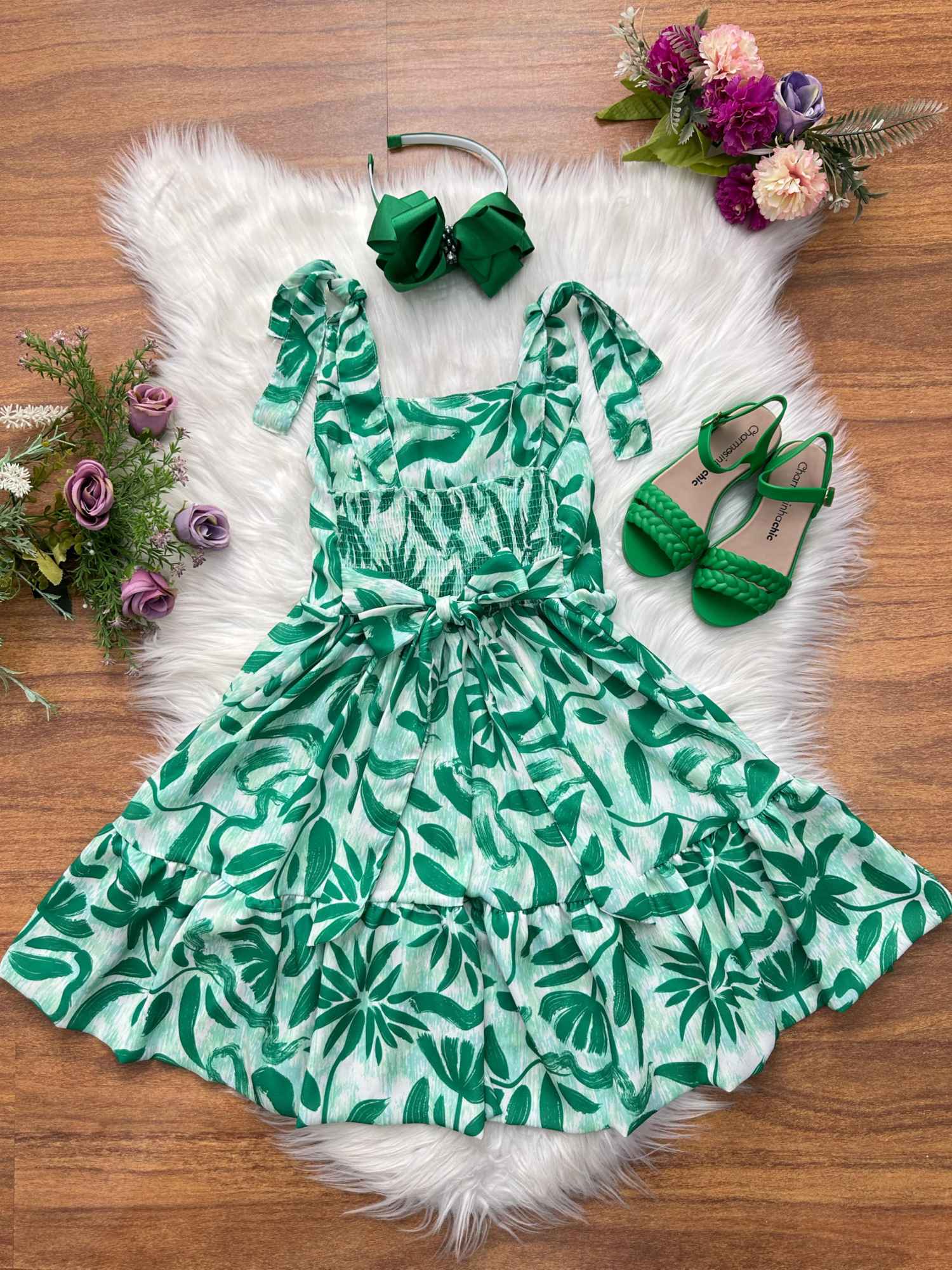 Vestido Infantil Verde Florido para Festas Primavera Verão