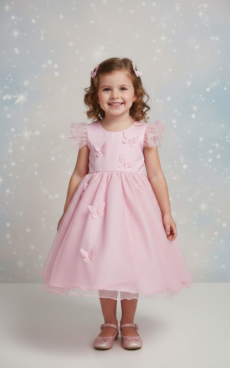 Vestido Infantil Rosa Bebê Com Apliques de Borboletas e Glitter para Festas