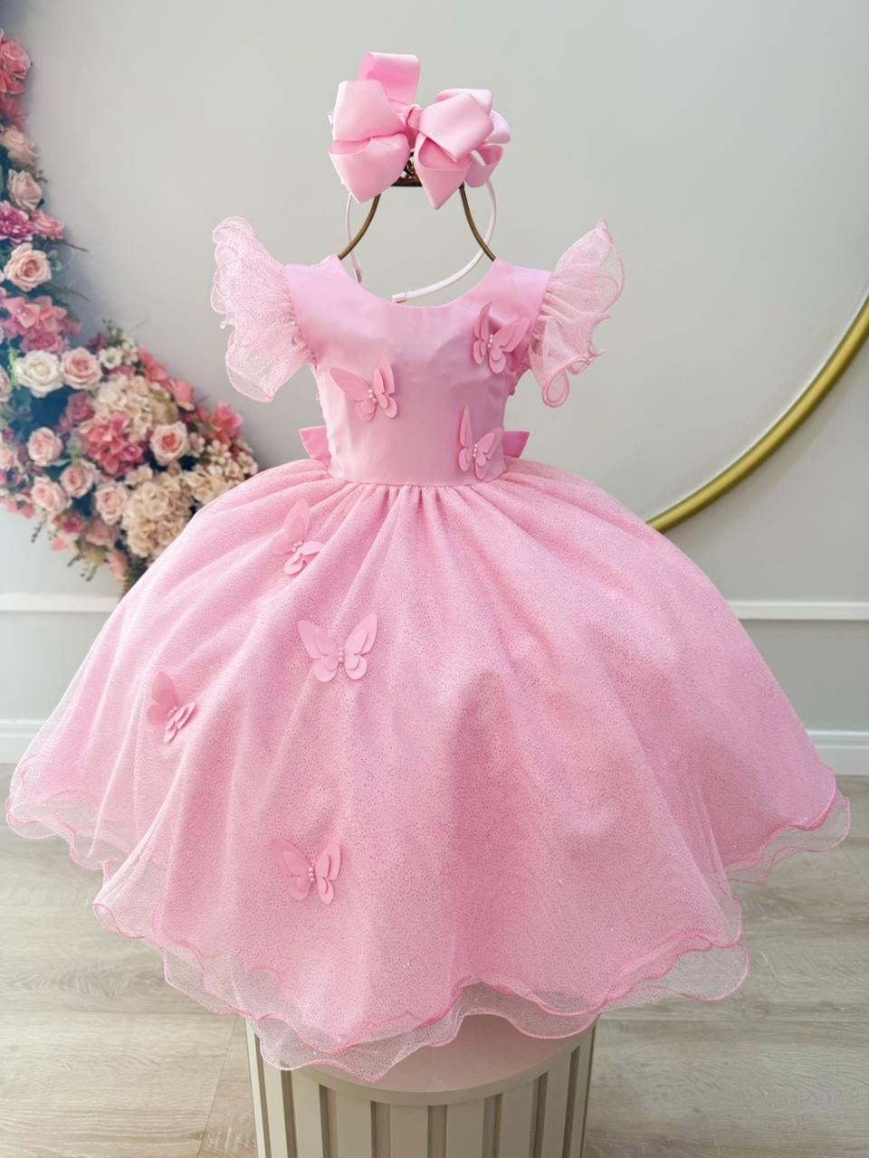 Vestido Infantil Rosa Bebê Com Apliques de Borboletas e Glitter para Festas