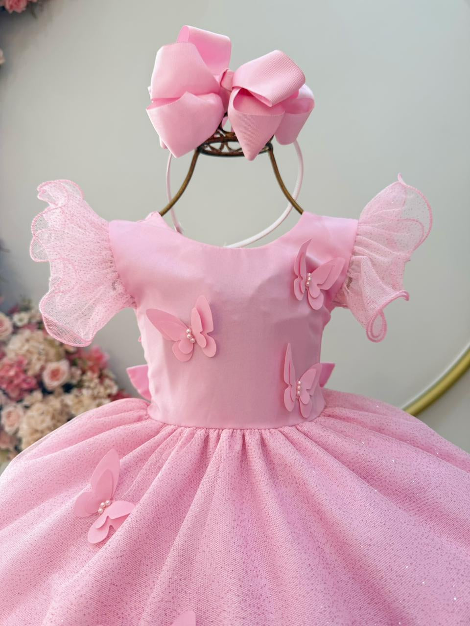 Vestido Infantil Rosa Bebê Com Apliques de Borboletas e Glitter para Festas