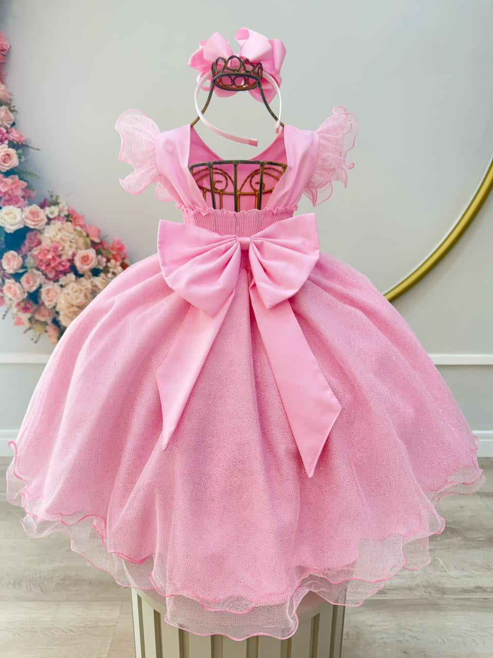 Vestido Infantil Rosa Bebê Com Apliques de Borboletas e Glitter para Festas