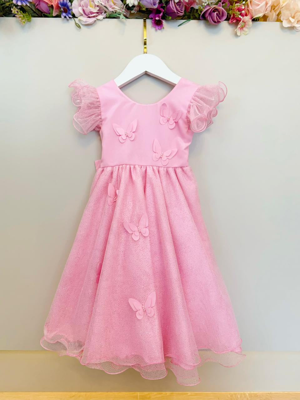 Vestido Infantil Rosa Bebê Com Apliques de Borboletas e Glitter para Festas