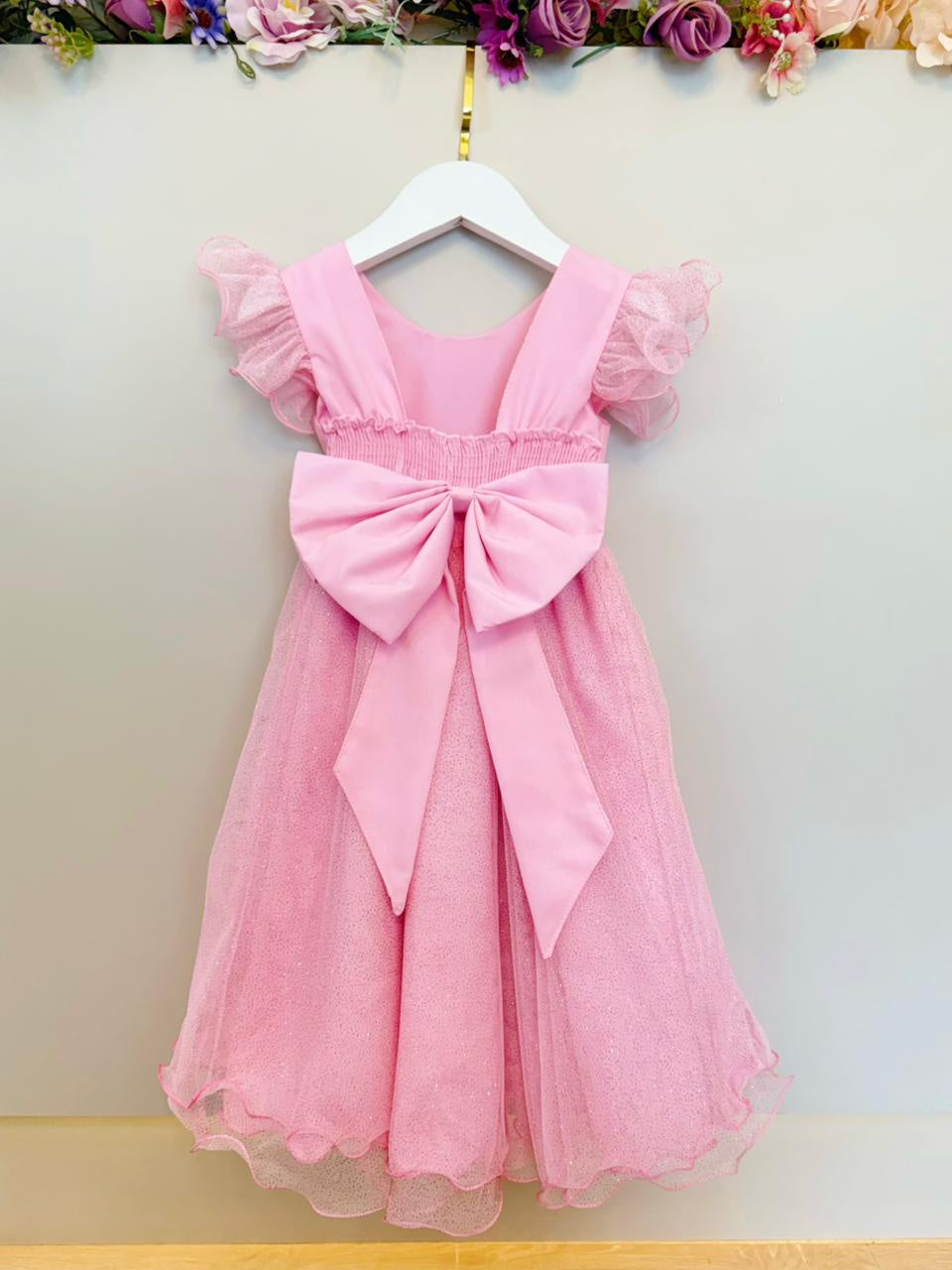 Vestido Infantil Rosa Bebê Com Apliques de Borboletas e Glitter para Festas