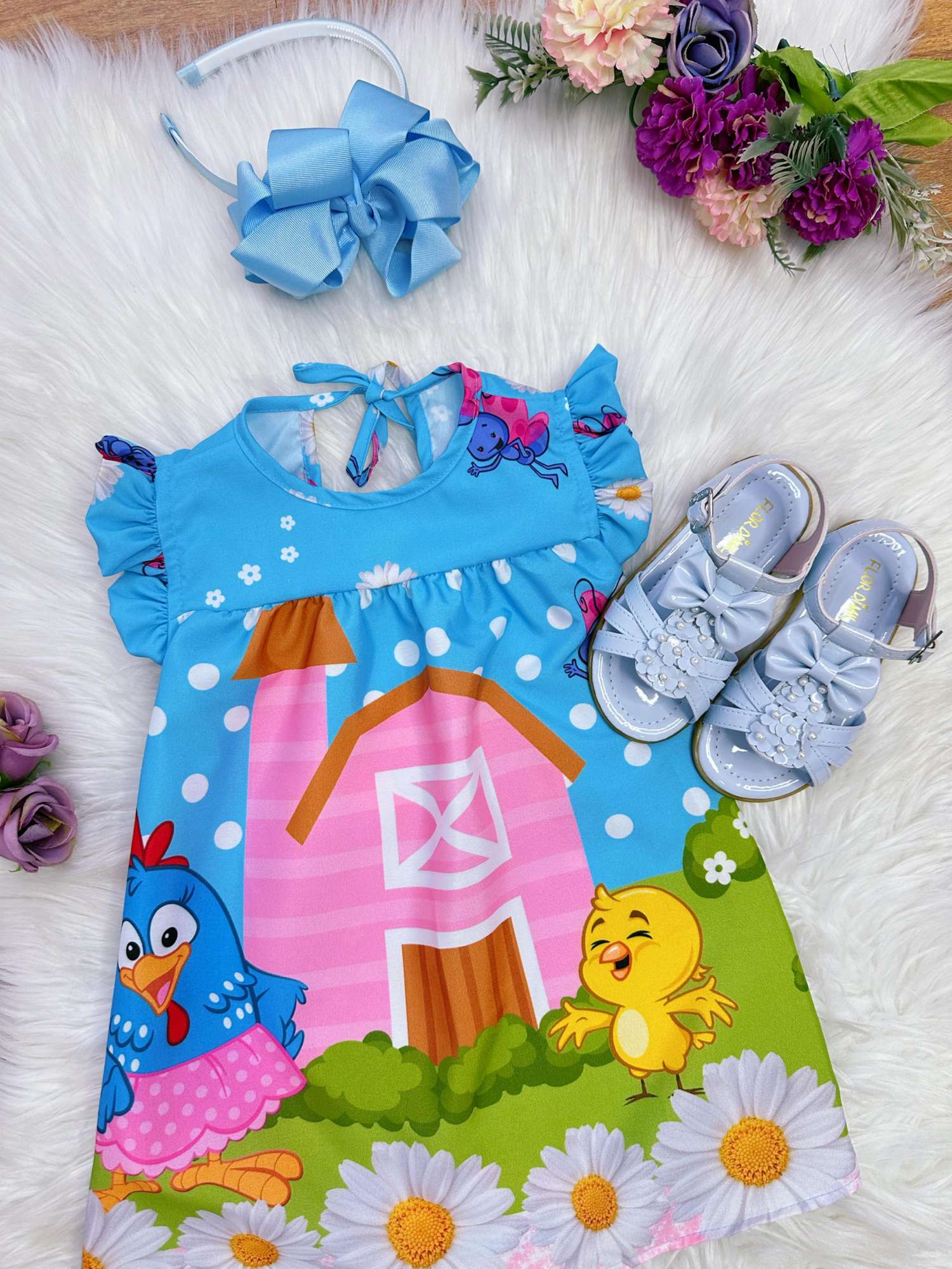Vestido Infantil Trapézio Manga Flu-Flu em Tecido Lavável