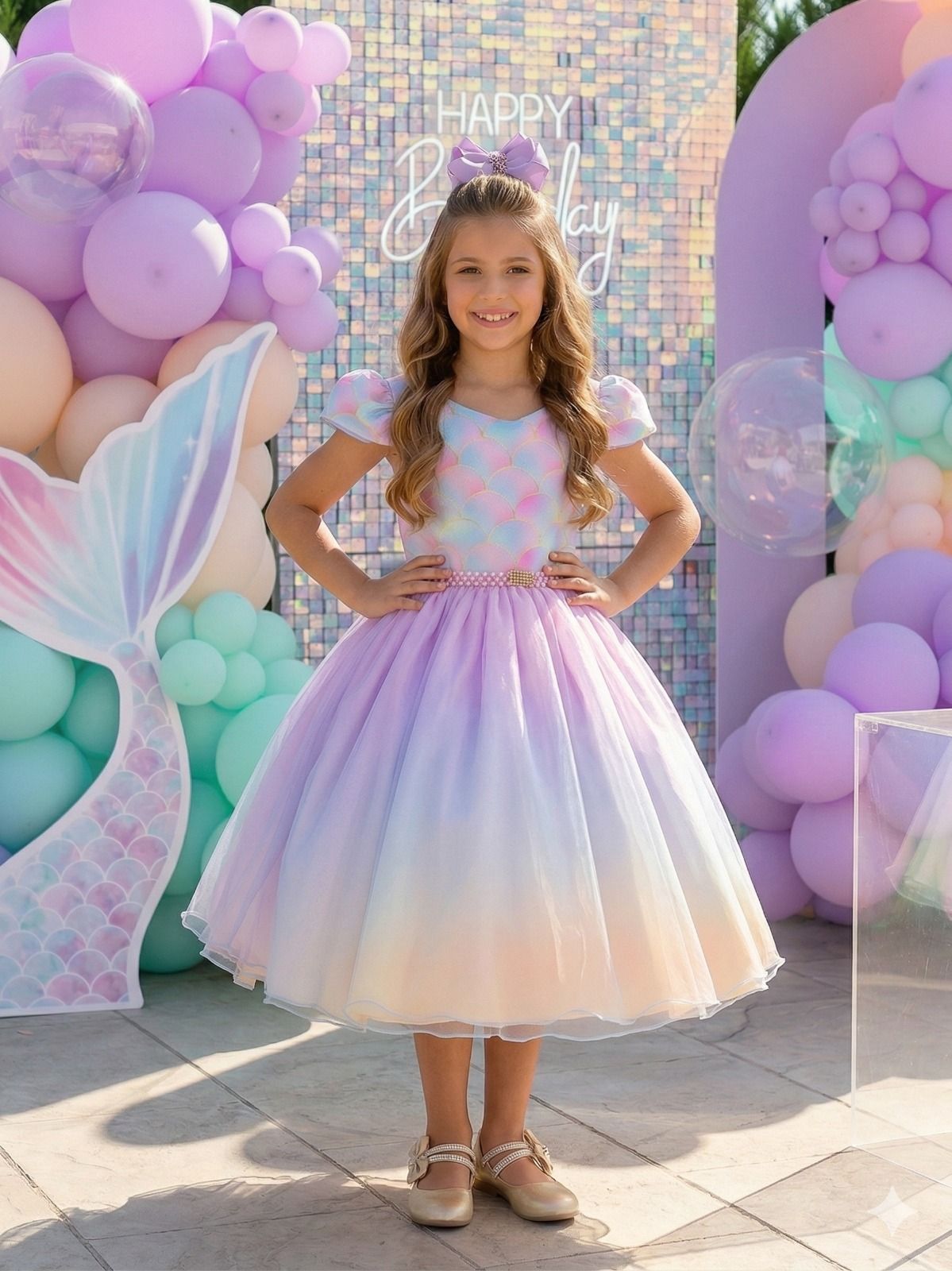 Vestido Infantil Sereia em Tecido Misto com Laço