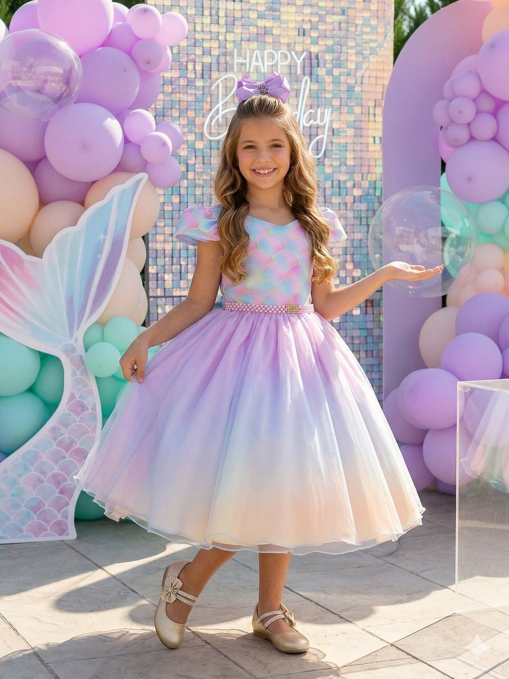 Vestido Infantil Sereia em Tecido Misto com Laço