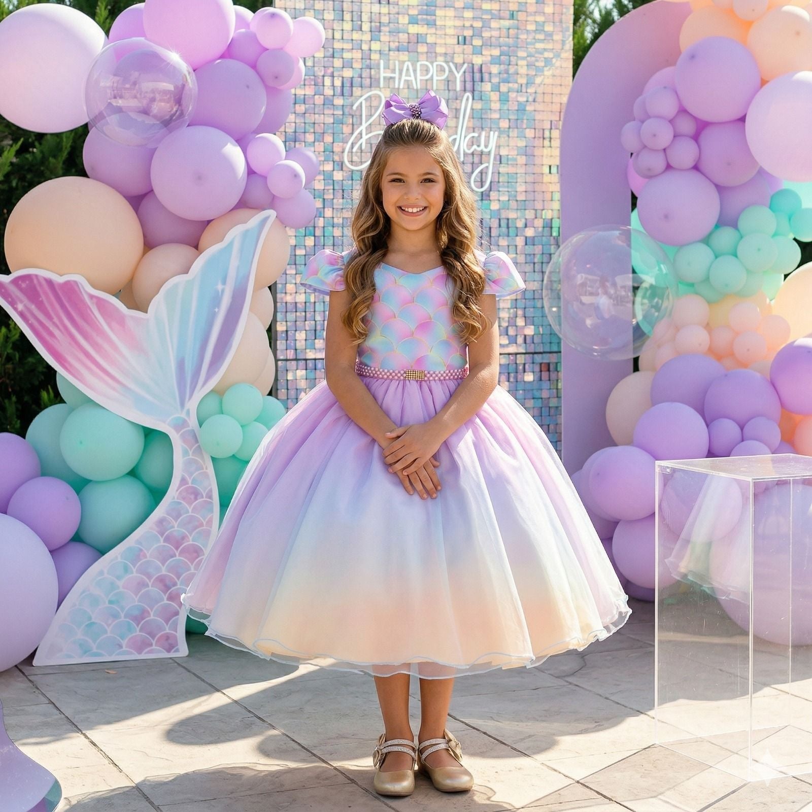 Vestido Infantil Sereia em Tecido Misto com Laço