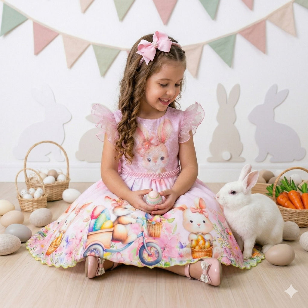 Vestido Rosa Bebê Coelhinha em Tecido Misto com Laço