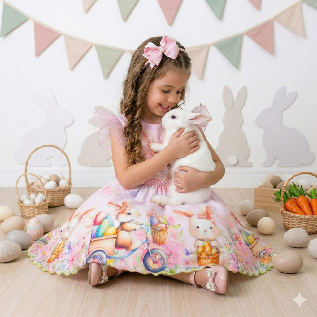Vestido Rosa Bebê Coelhinha em Tecido Misto com Laço