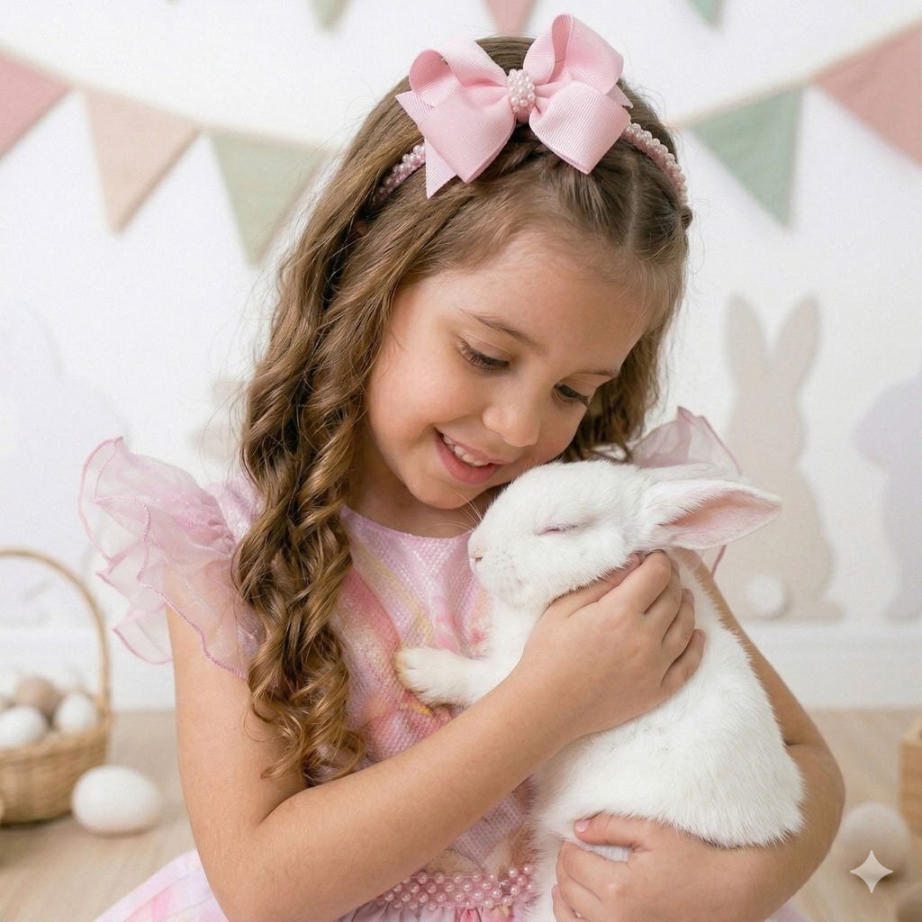Vestido Rosa Bebê Coelhinha em Tecido Misto com Laço