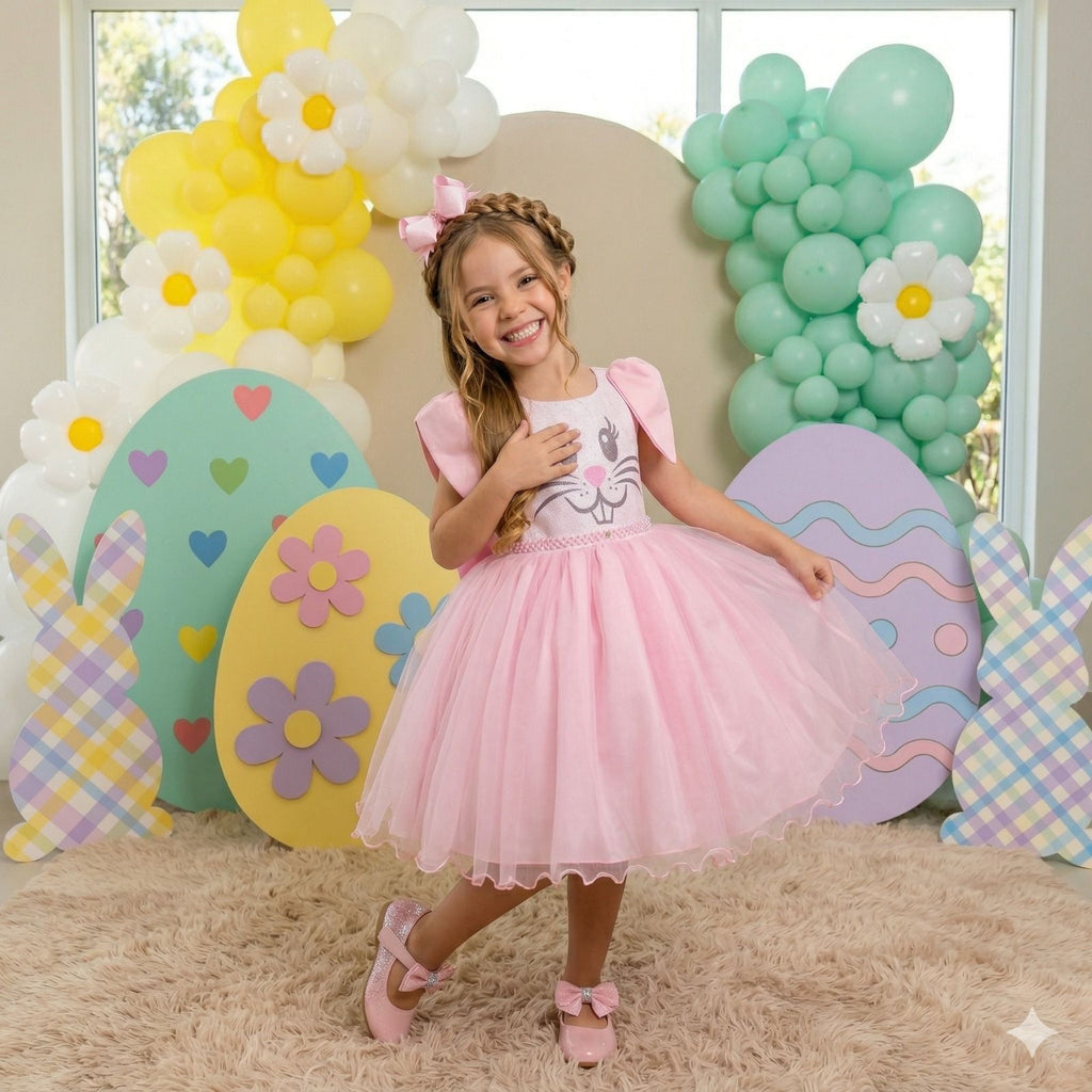 Vestido Luxo Coelho Temático para Páscoa em Tecido Misto