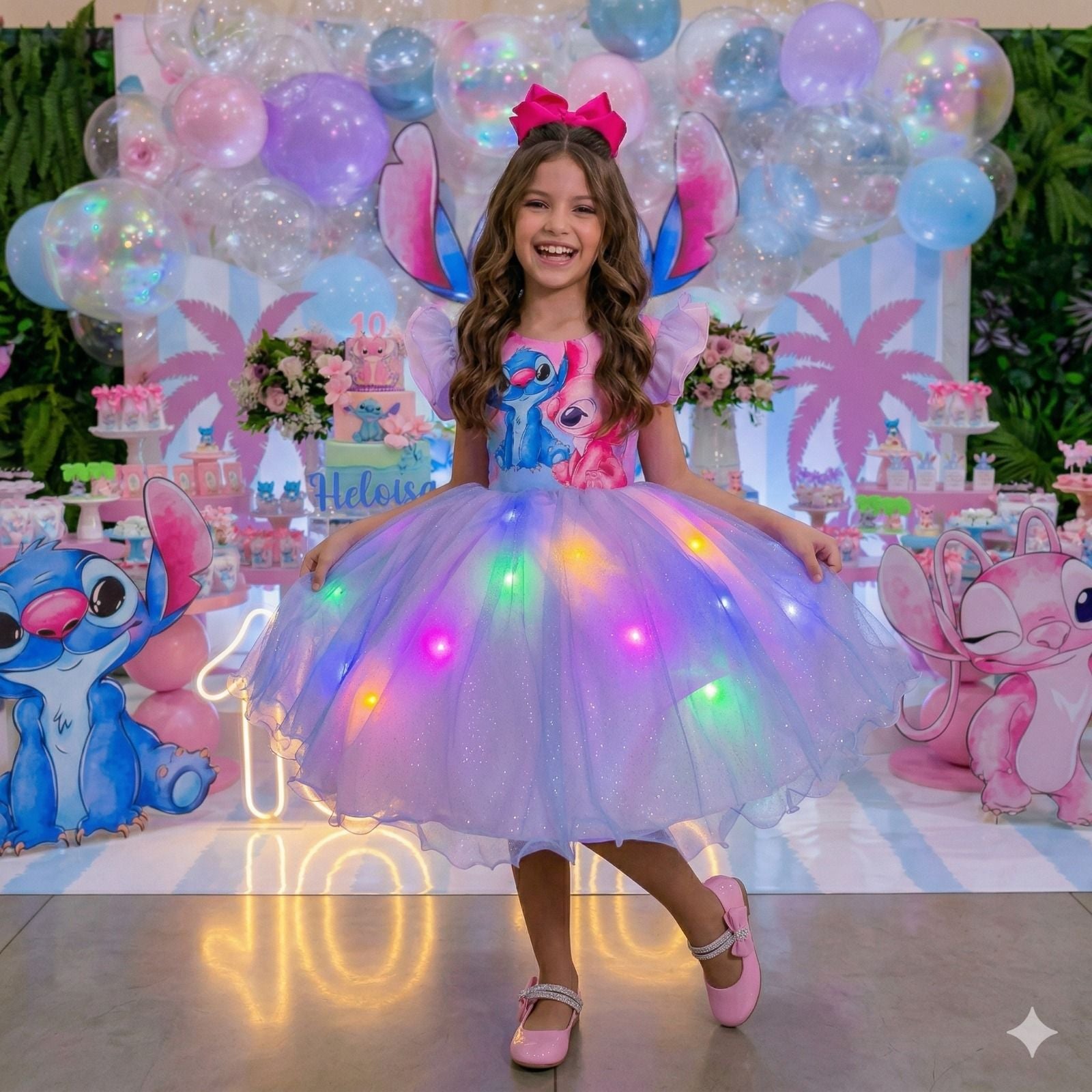 Vestido Temático Rosa Bebê com LED e Estampa do Stitch e Angel