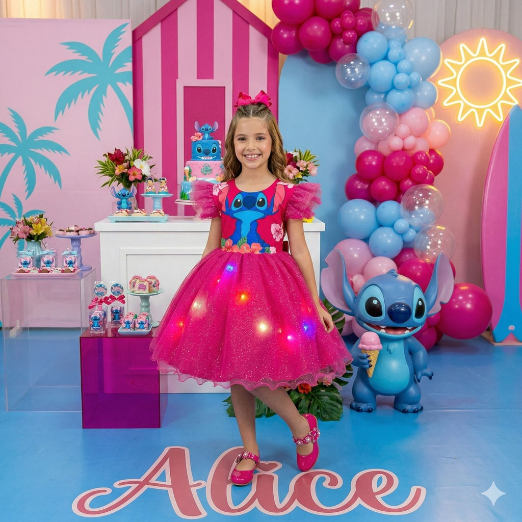 Vestido Temático Floral Pink com LED para Crianças