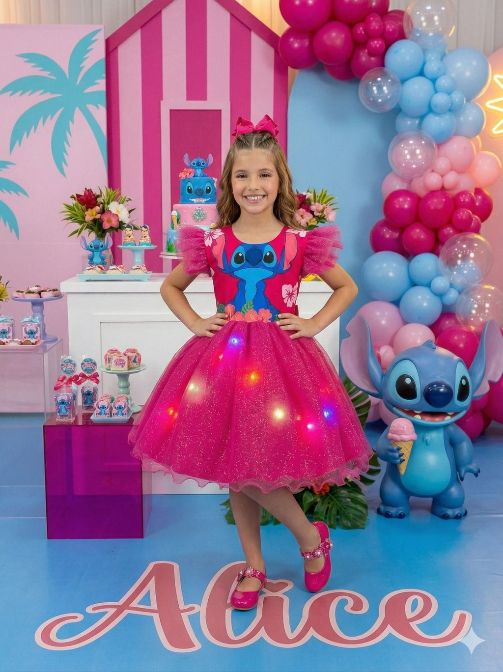 Vestido Temático Floral Pink com LED para Crianças