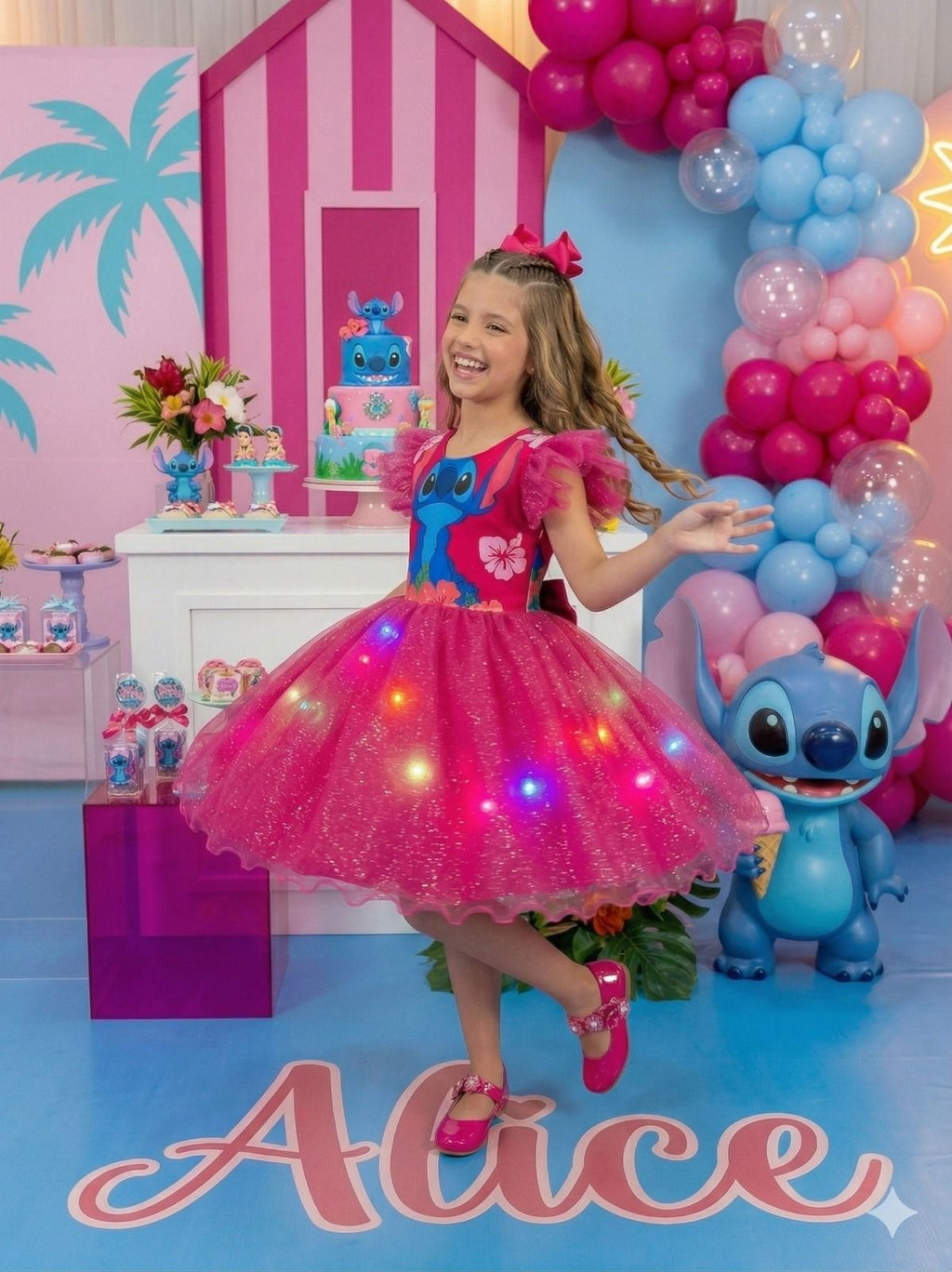 Vestido Temático Floral Pink com LED para Crianças