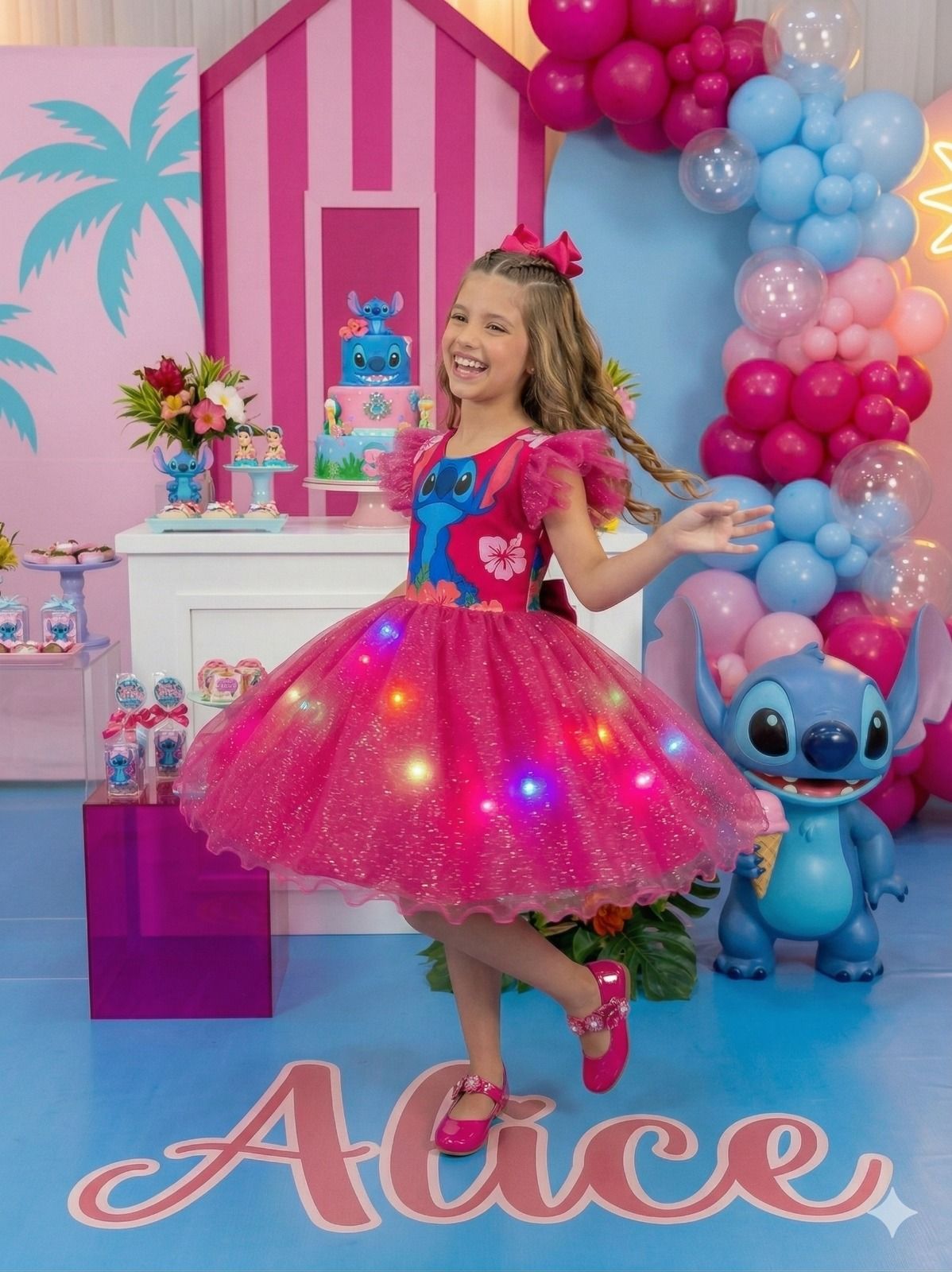 Vestido Temático Floral Pink com LED para Crianças