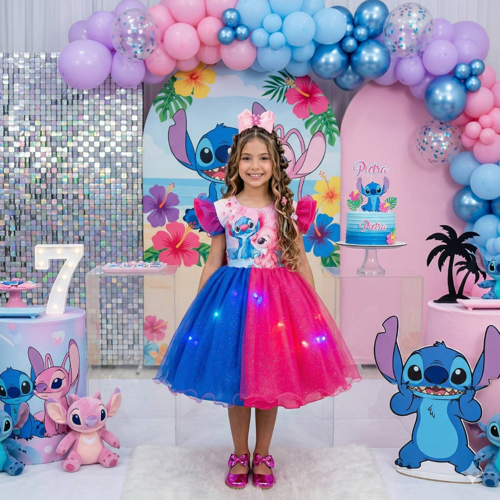Vestido Temático com LED Stitch e Angel em Rosa e Azul