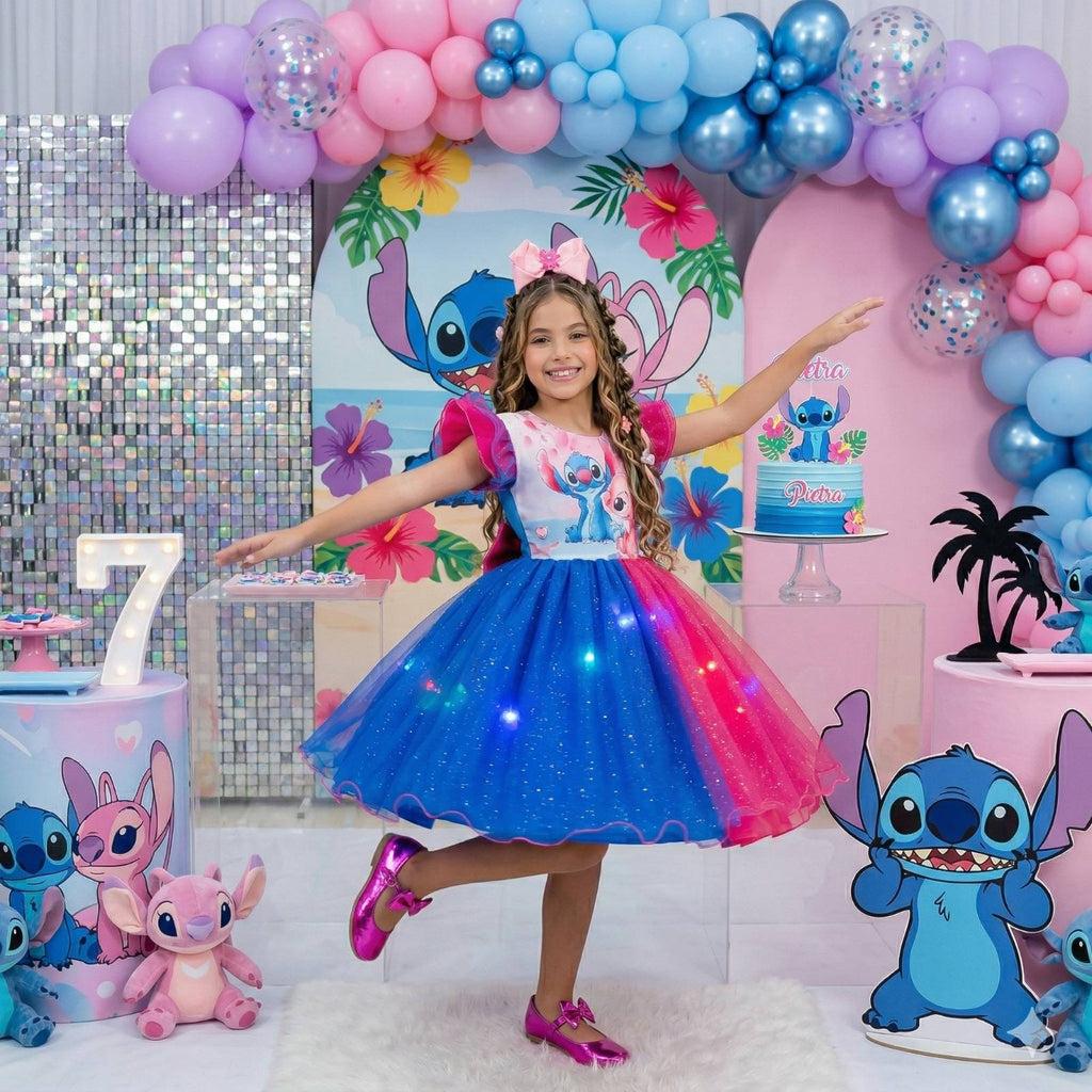 Vestido Temático com LED Stitch e Angel em Rosa e Azul