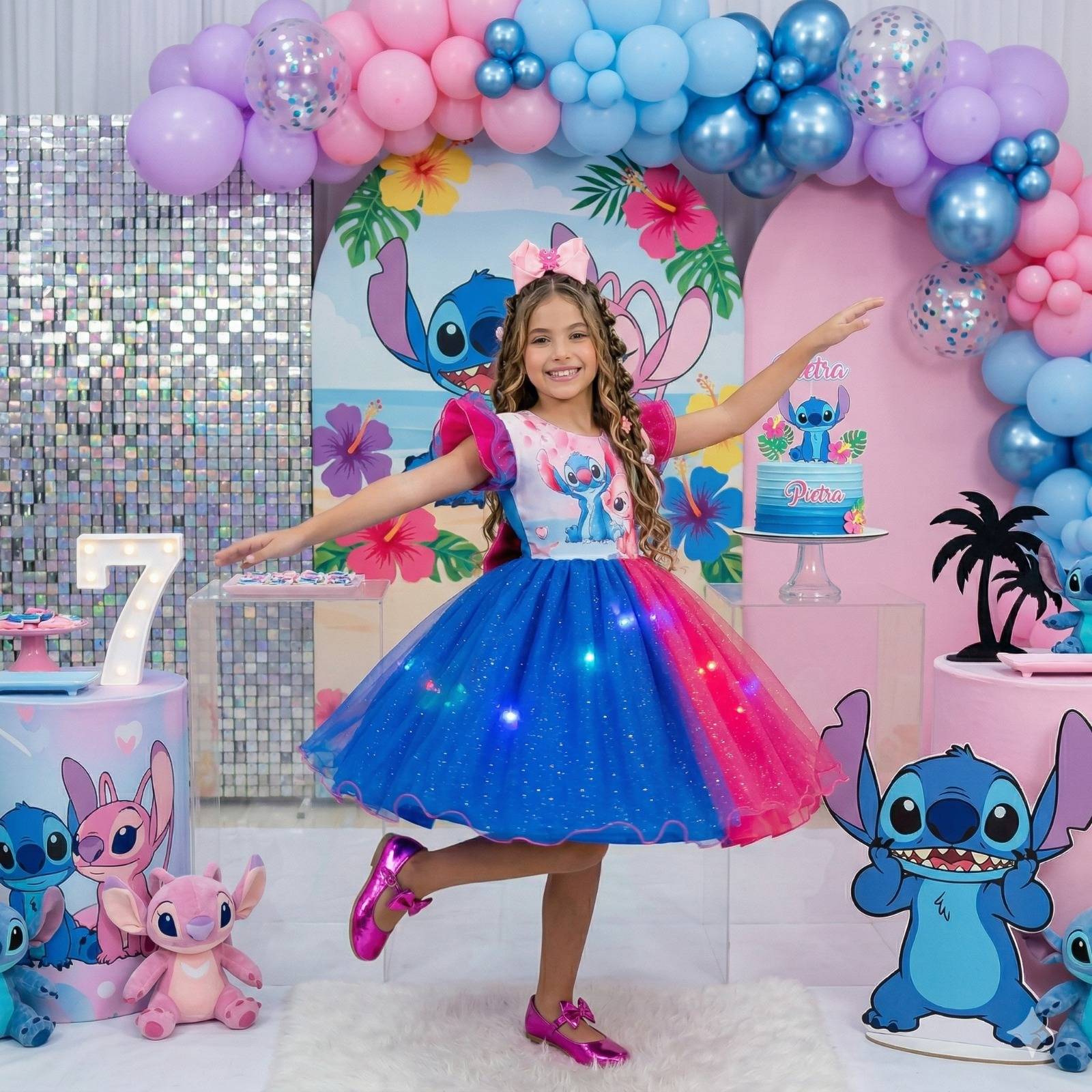 Vestido Temático com LED Stitch e Angel em Rosa e Azul