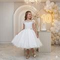 Vestido Infantil Elegante Isabela Off em Tule com Pérolas