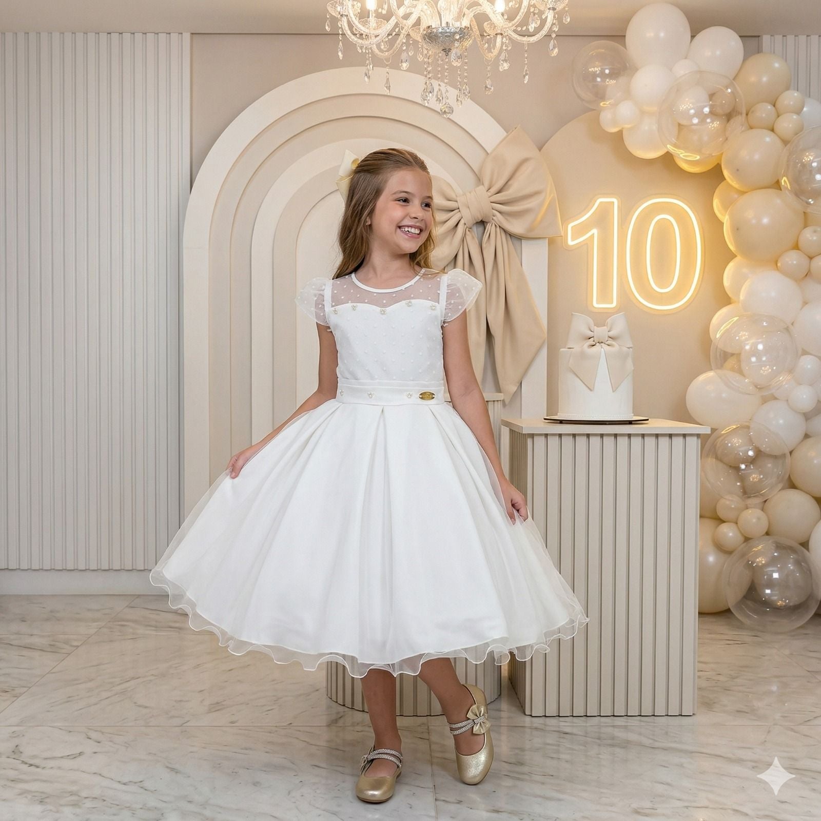 Vestido Infantil Elegante Isabela Off em Tule com Pérolas
