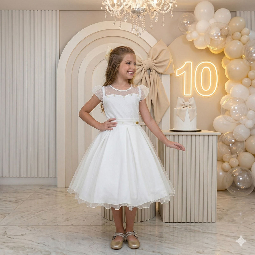 Vestido Infantil Elegante Isabela Off em Tule com Pérolas