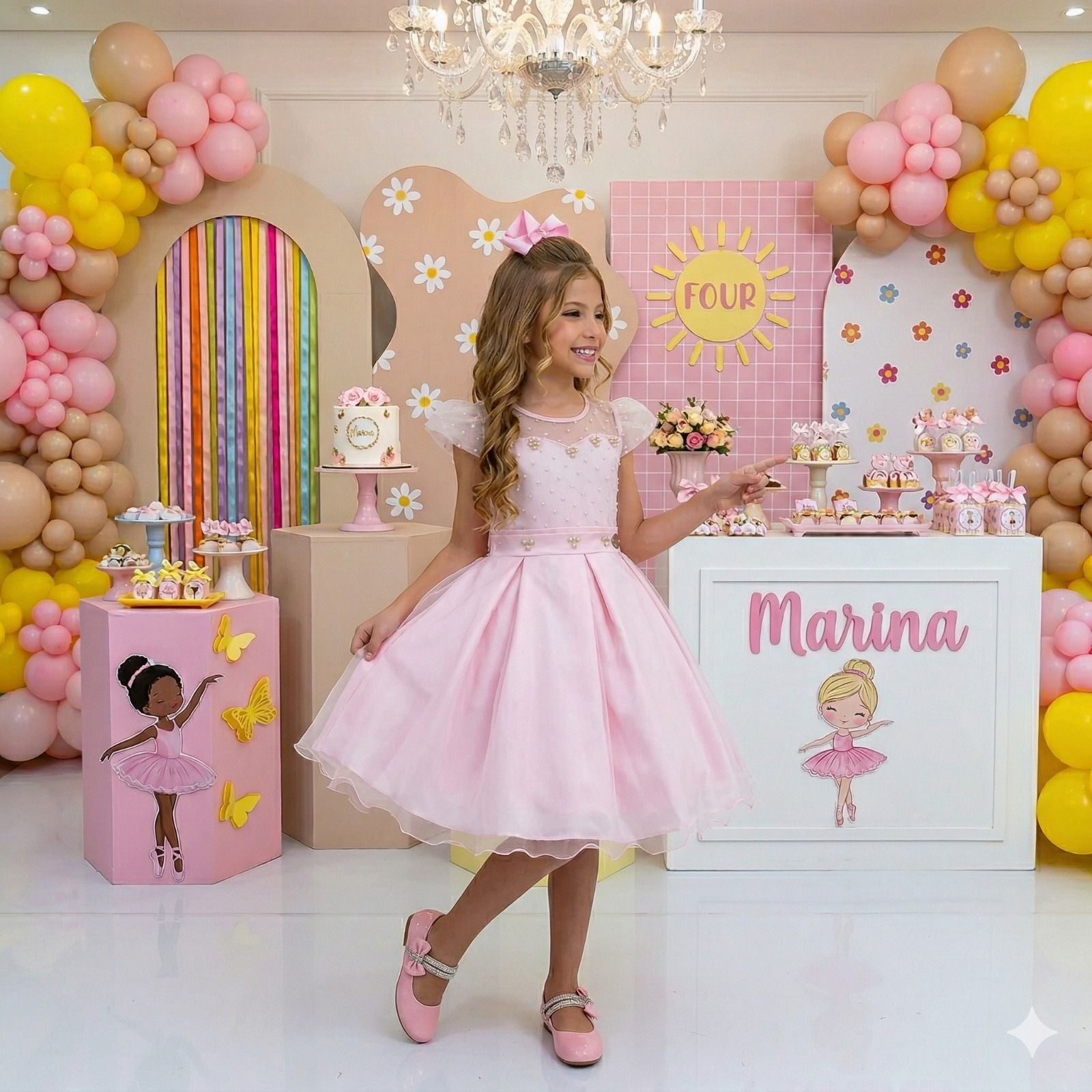 Vestido Infantil Rosa em Tule com Pérolas Delicadas