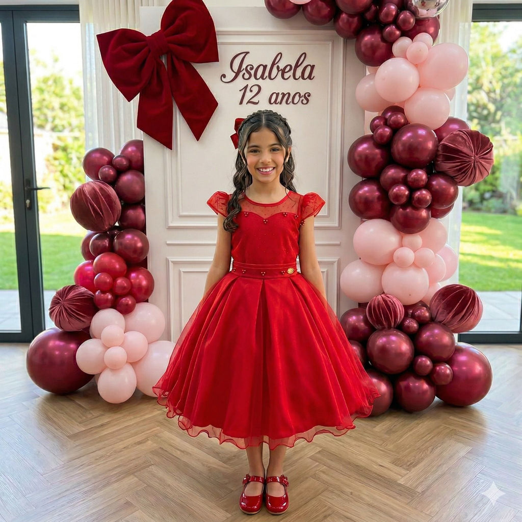 Vestido Infantil Vermelho em Tule com Pérolas