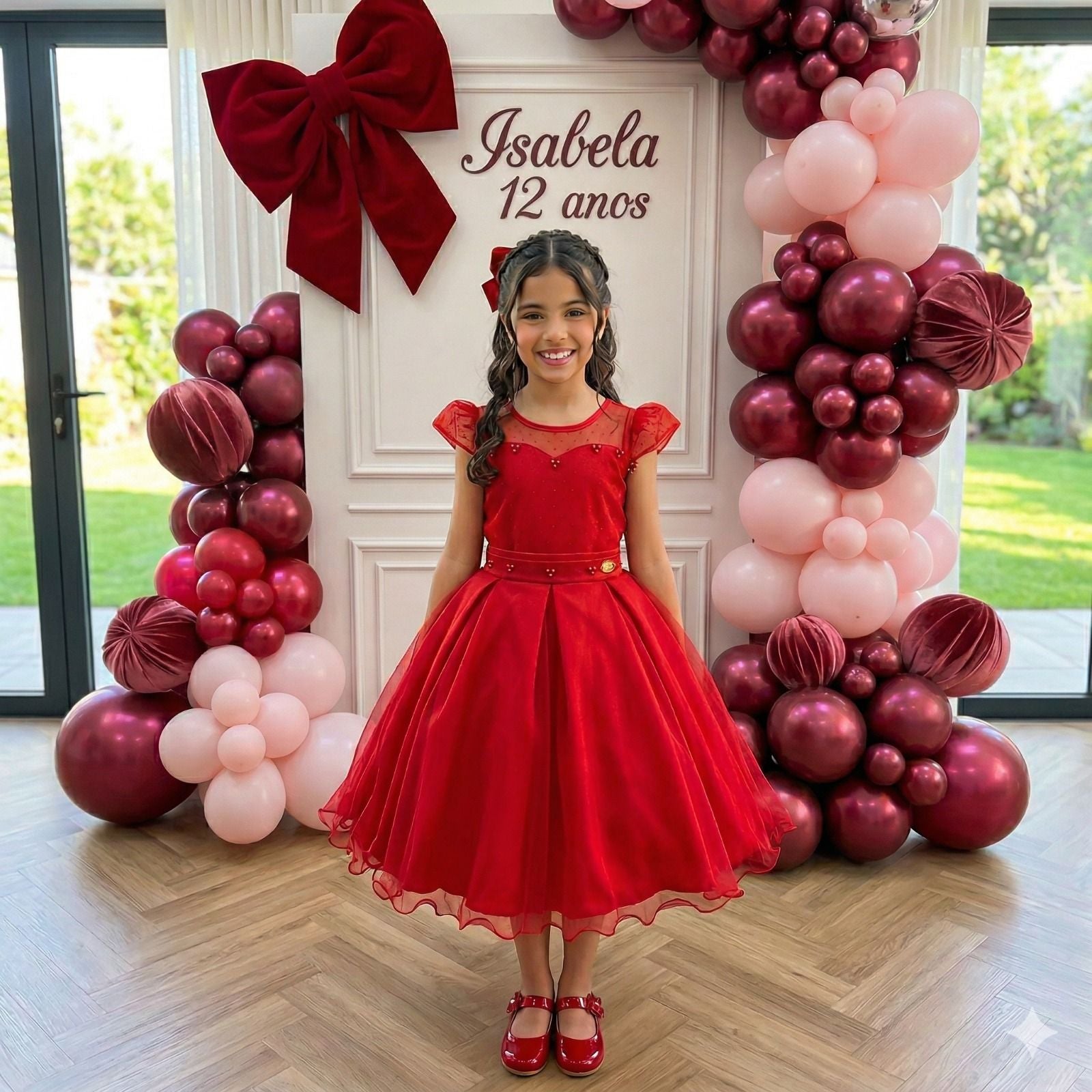 Vestido Infantil Vermelho em Tule com Pérolas