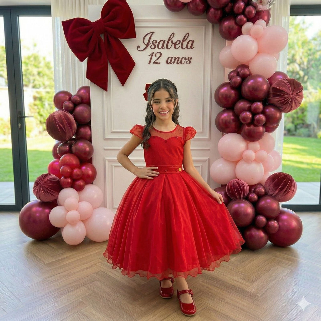 Vestido Infantil Vermelho em Tule com Pérolas