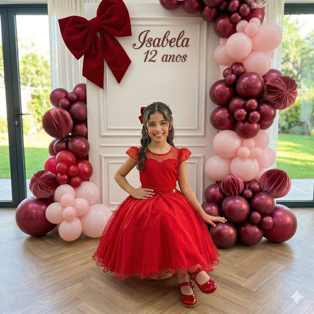 Vestido Infantil Vermelho em Tule com Pérolas